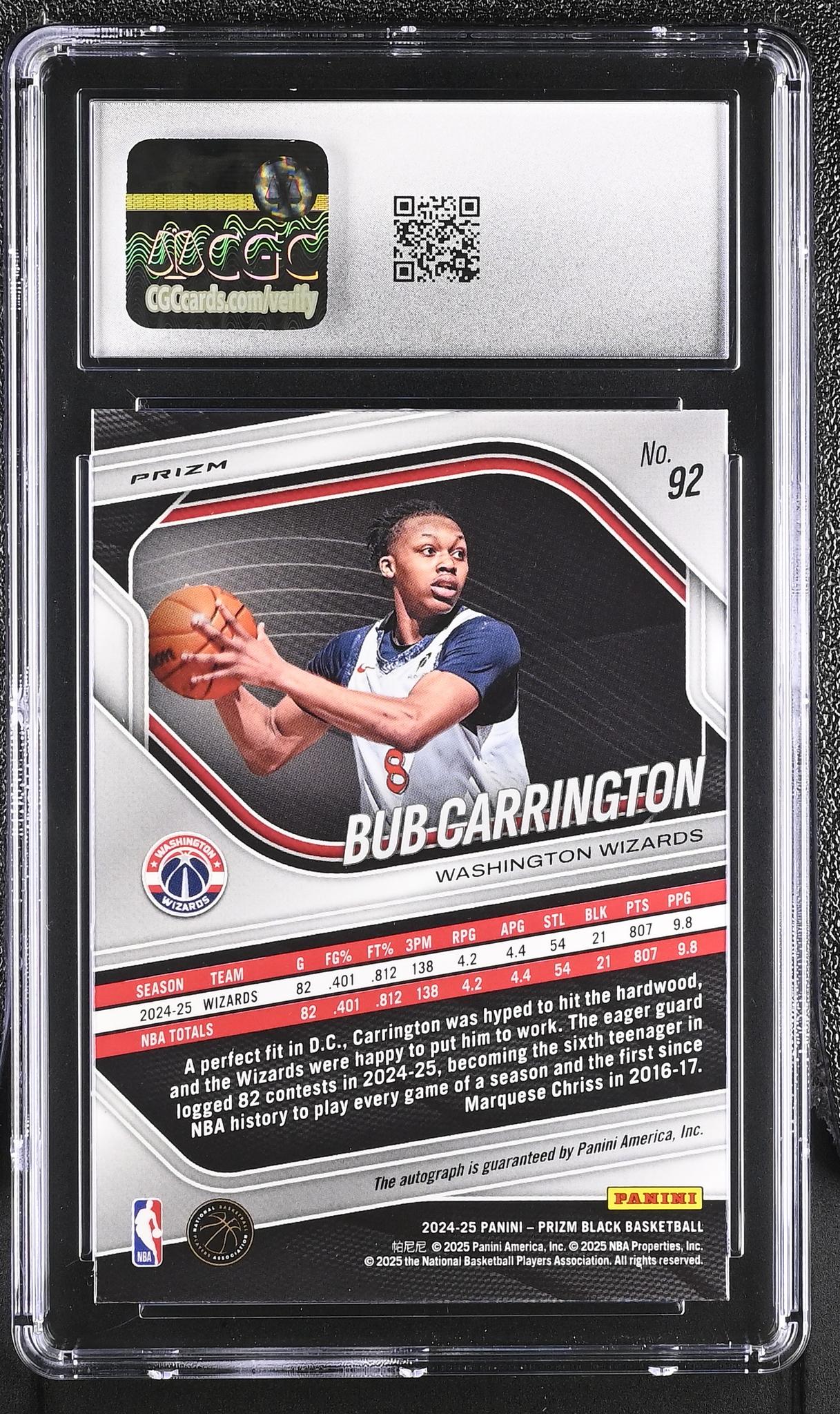 2024 Prizm #92 Bub Carrington Black Autographs Auto CGC 10 - Image 2