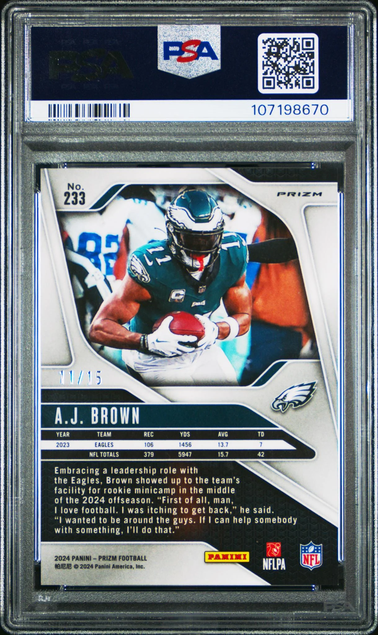 2024 Prizm Prizms Choice Cherry Blossom Aj Brown #233 /15 PSA 10 - Image 2