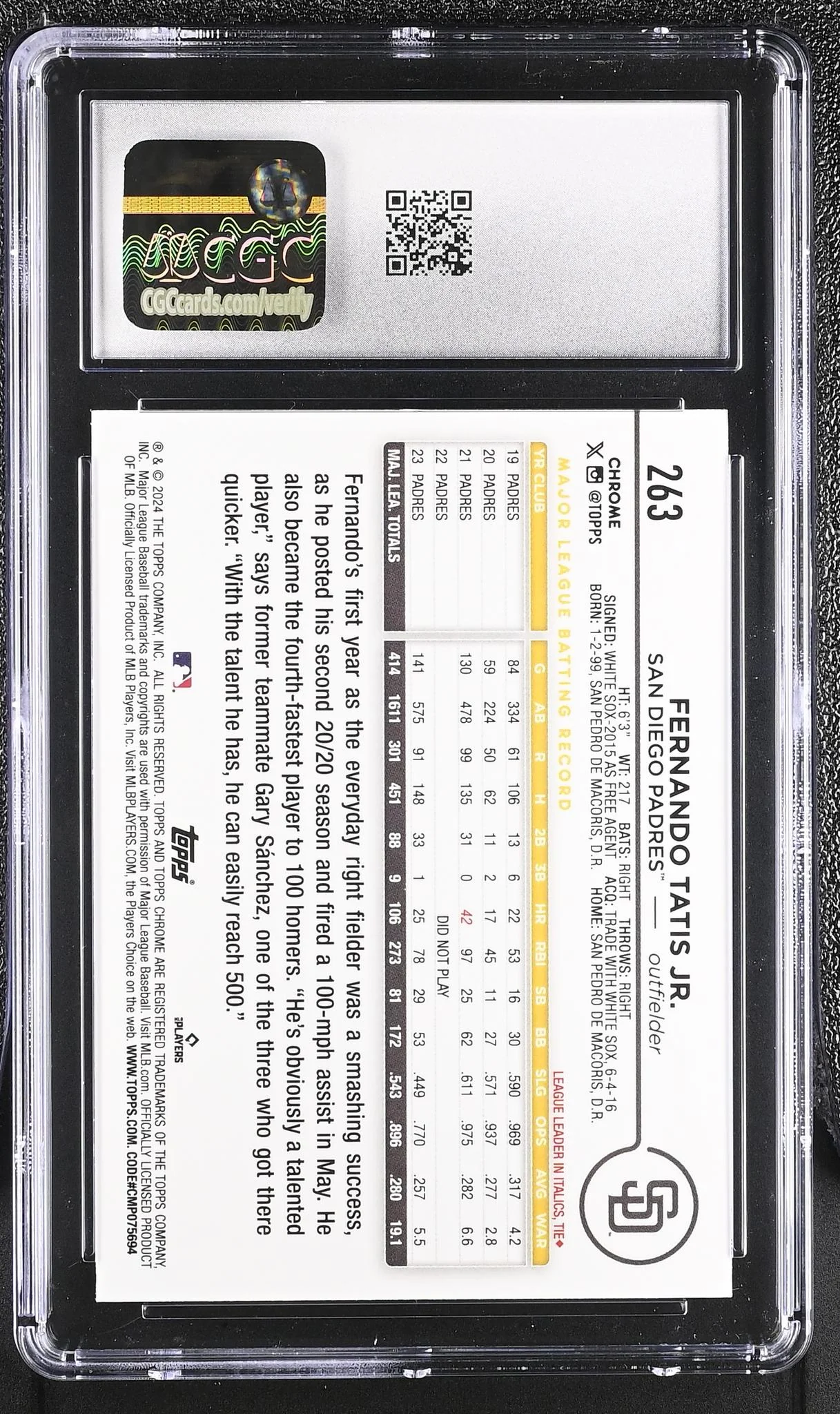 2024 Topps Chrome #263 Fernando Tatis Jr. Green Refractor /99 CGC 10 - Image 2