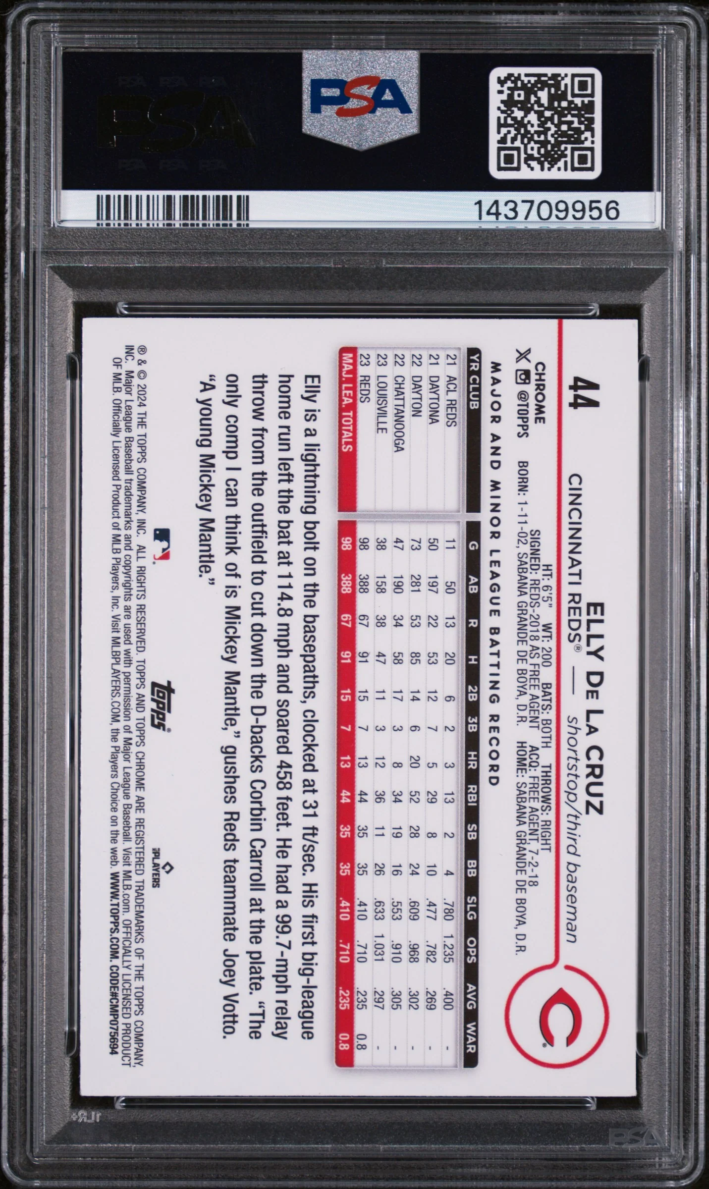 2024 Topps Chrome Negative Refractor Elly De La Cruz #44 PSA 9 - Image 2