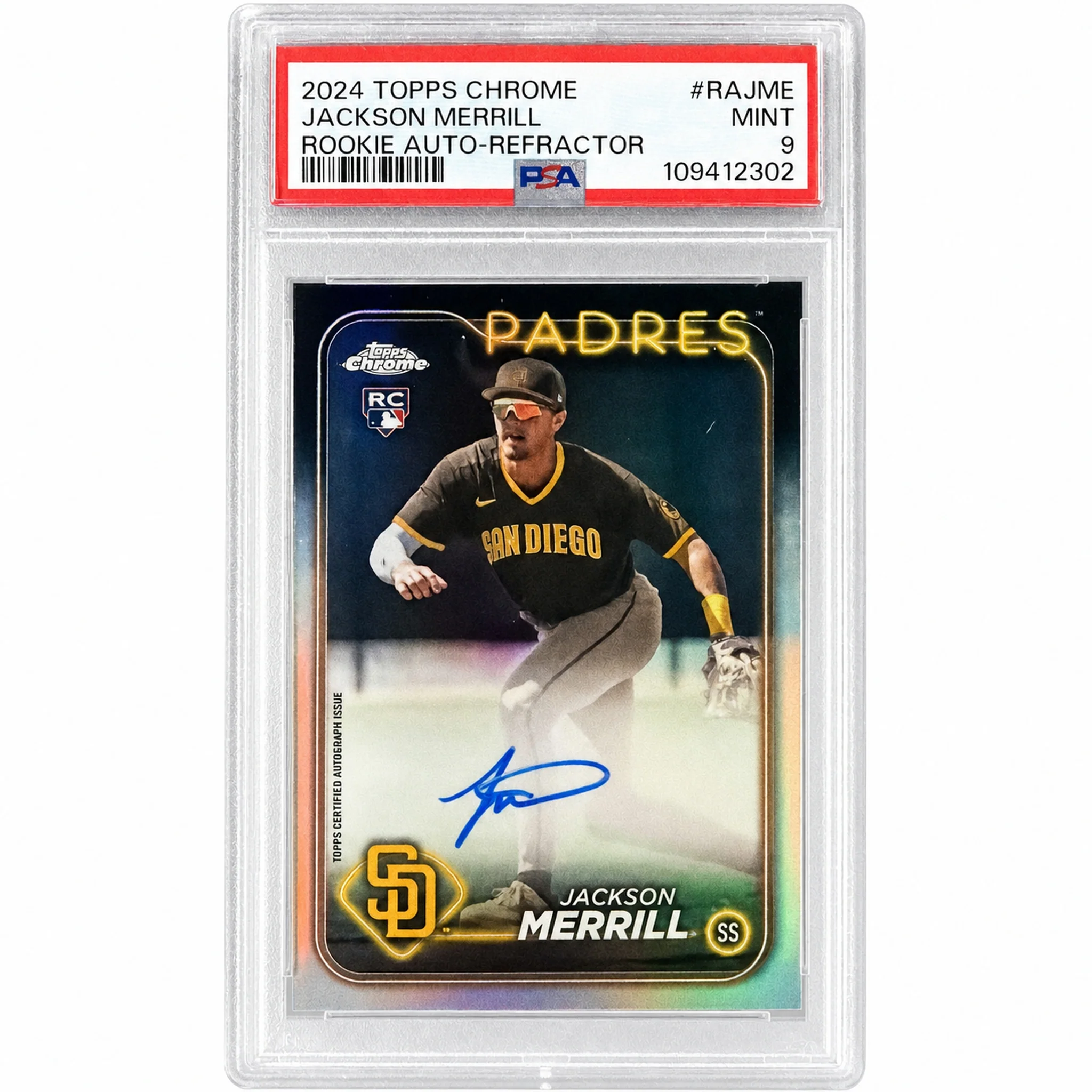 2024 Topps Chrome Rookie Autograph Refractor Jackson Merrill #RAJME /499 PSA 9