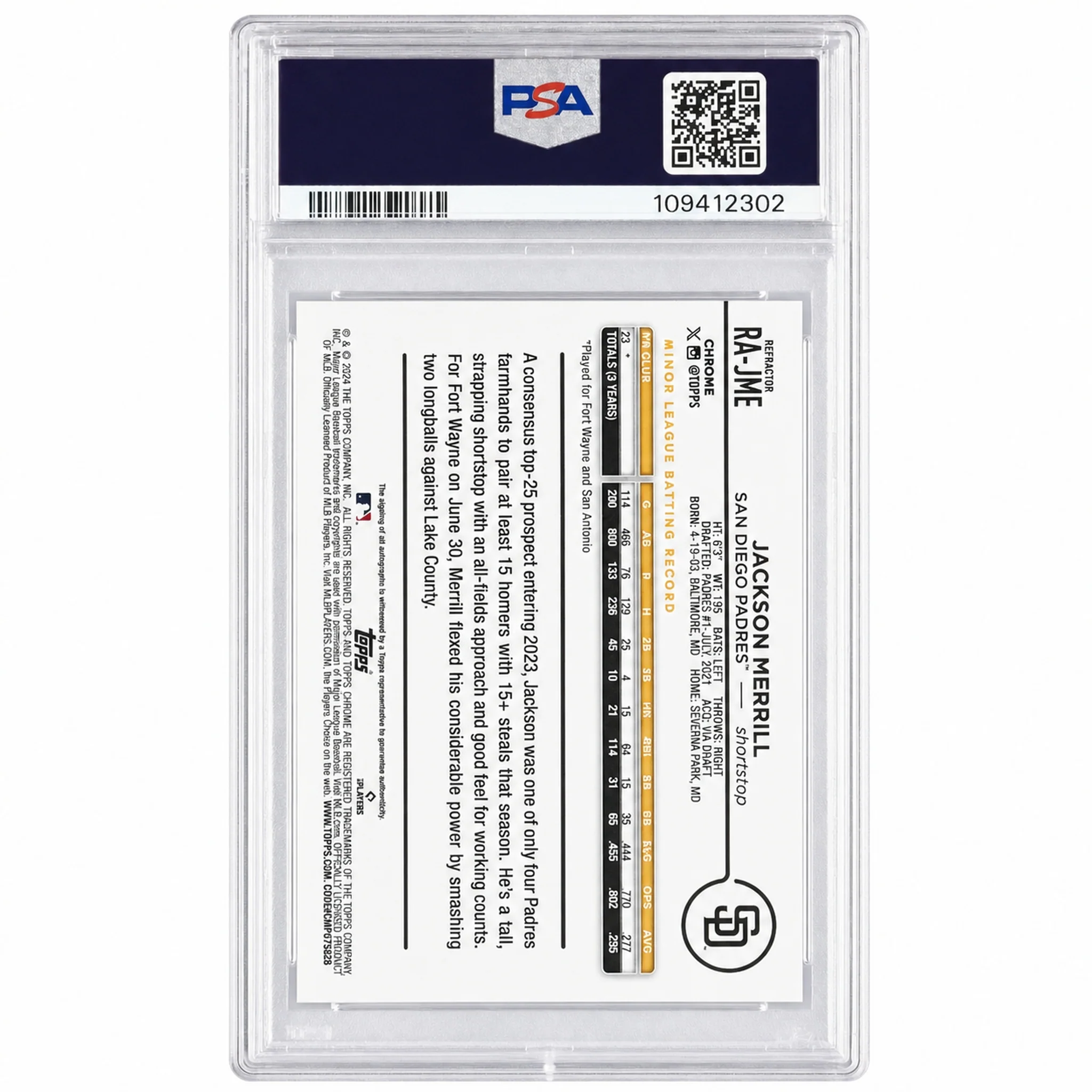 2024 Topps Chrome Rookie Autograph Refractor Jackson Merrill #RAJME /499 PSA 9 - Image 2