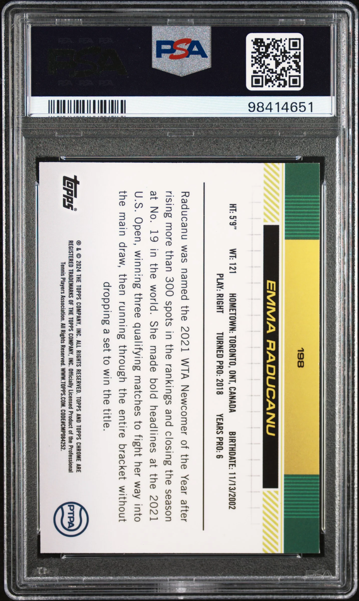 2024 Topps Chrome Sapphire Tennis Green Emma Raducanu #198 /125 PSA 9 - Image 2
