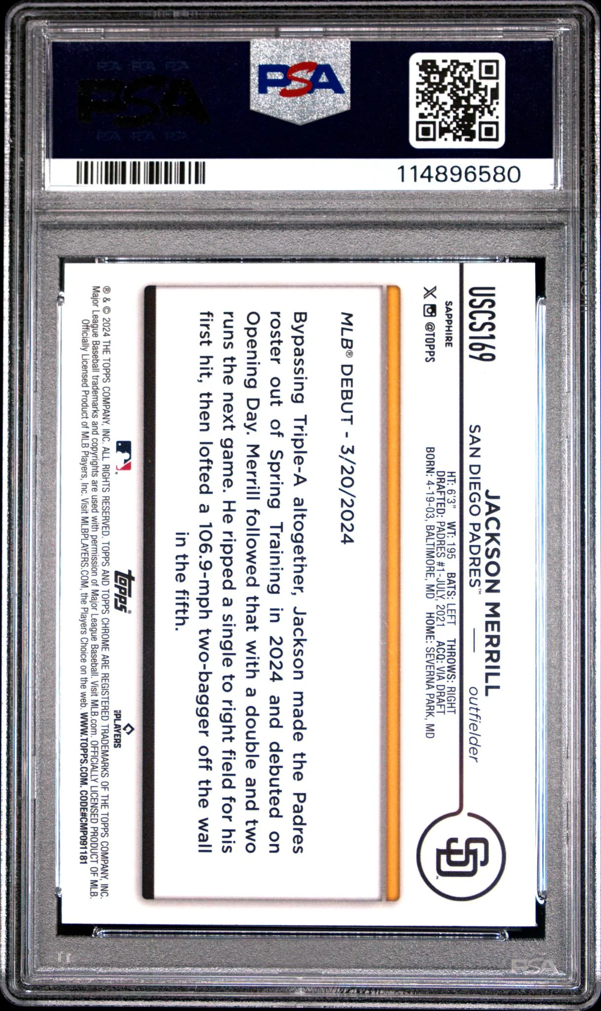 2024 Topps Chrome Sapphire Update Series Jackson Merrill #169 PSA 10 - Image 2