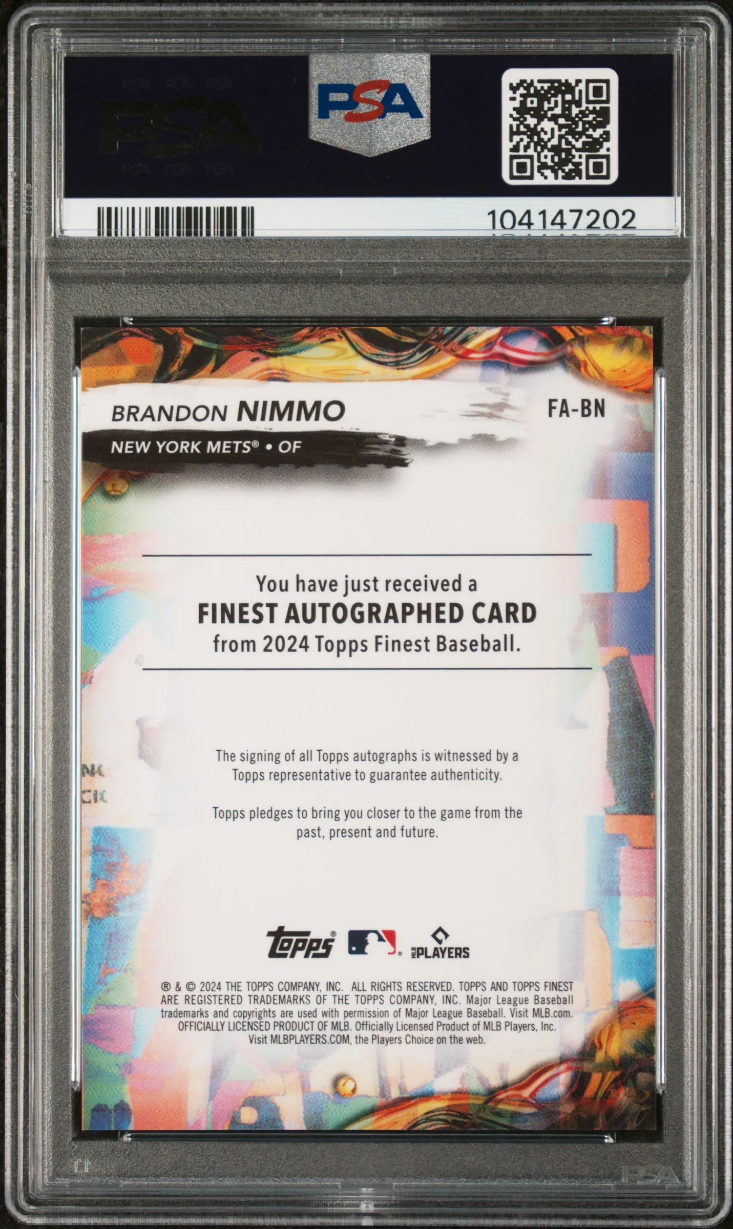 2024 Topps Finest Finest Autographs Auto-Purple Refractor Brandon Nimmo #FABN /125 PSA 8 - Image 2