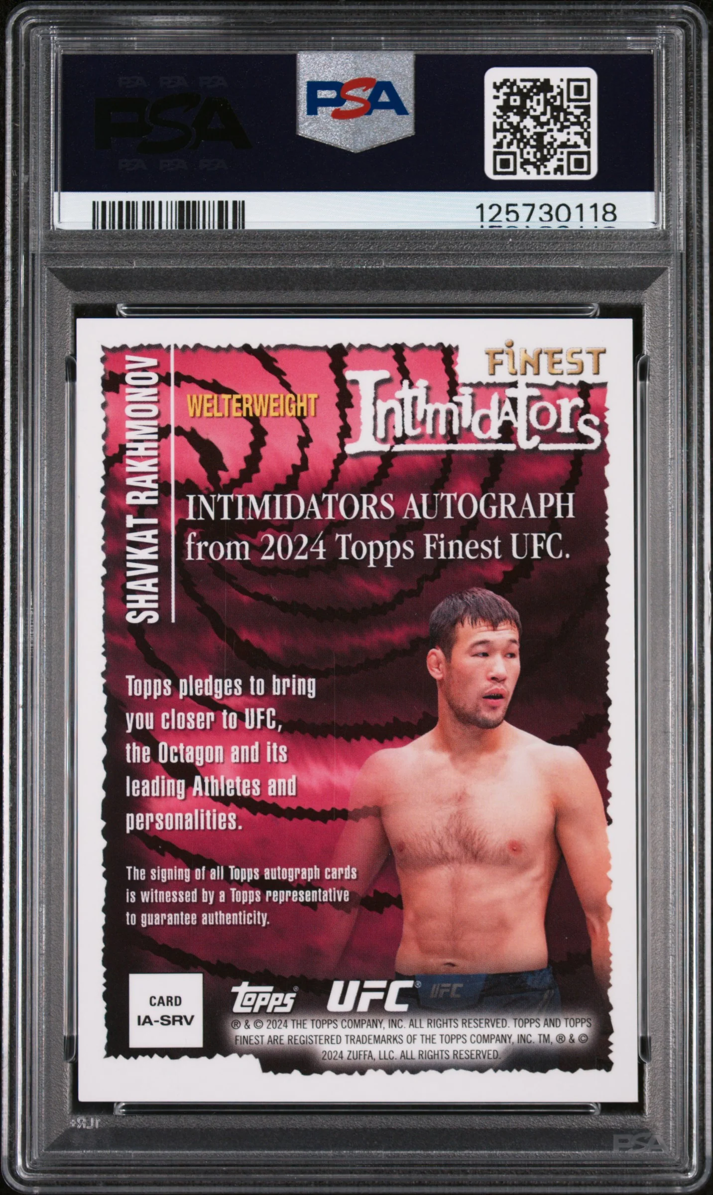 2024 Topps Finest UFC Intimidators Autographs Blue Checkerboard Shavkat Rakhmonov #IASRV /75 PSA 9 - Image 2