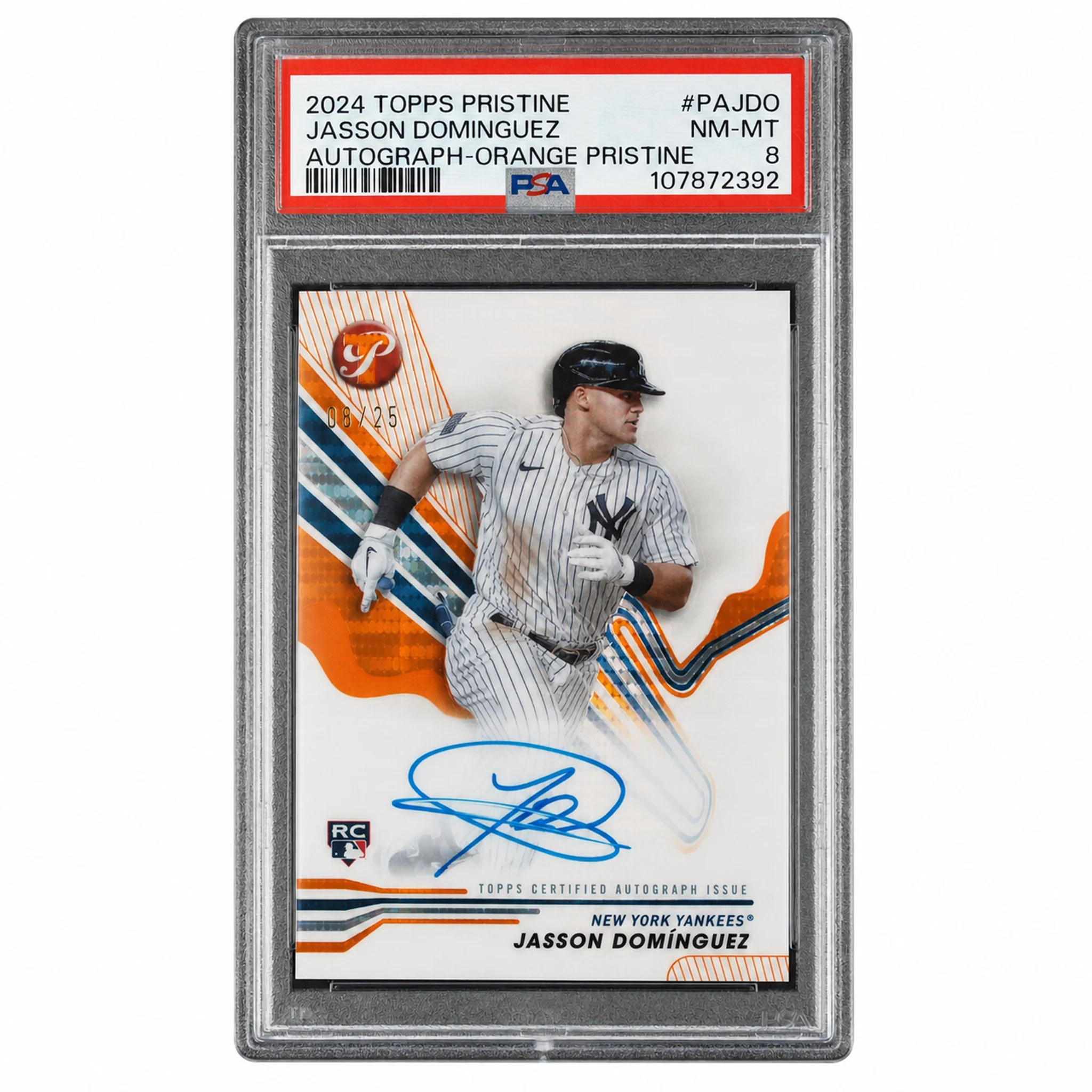 2024 Topps Pristine Pristine Autographs Autograph-Orange Pristine Jasson Dominguez #PAJDO /25 PSA 8