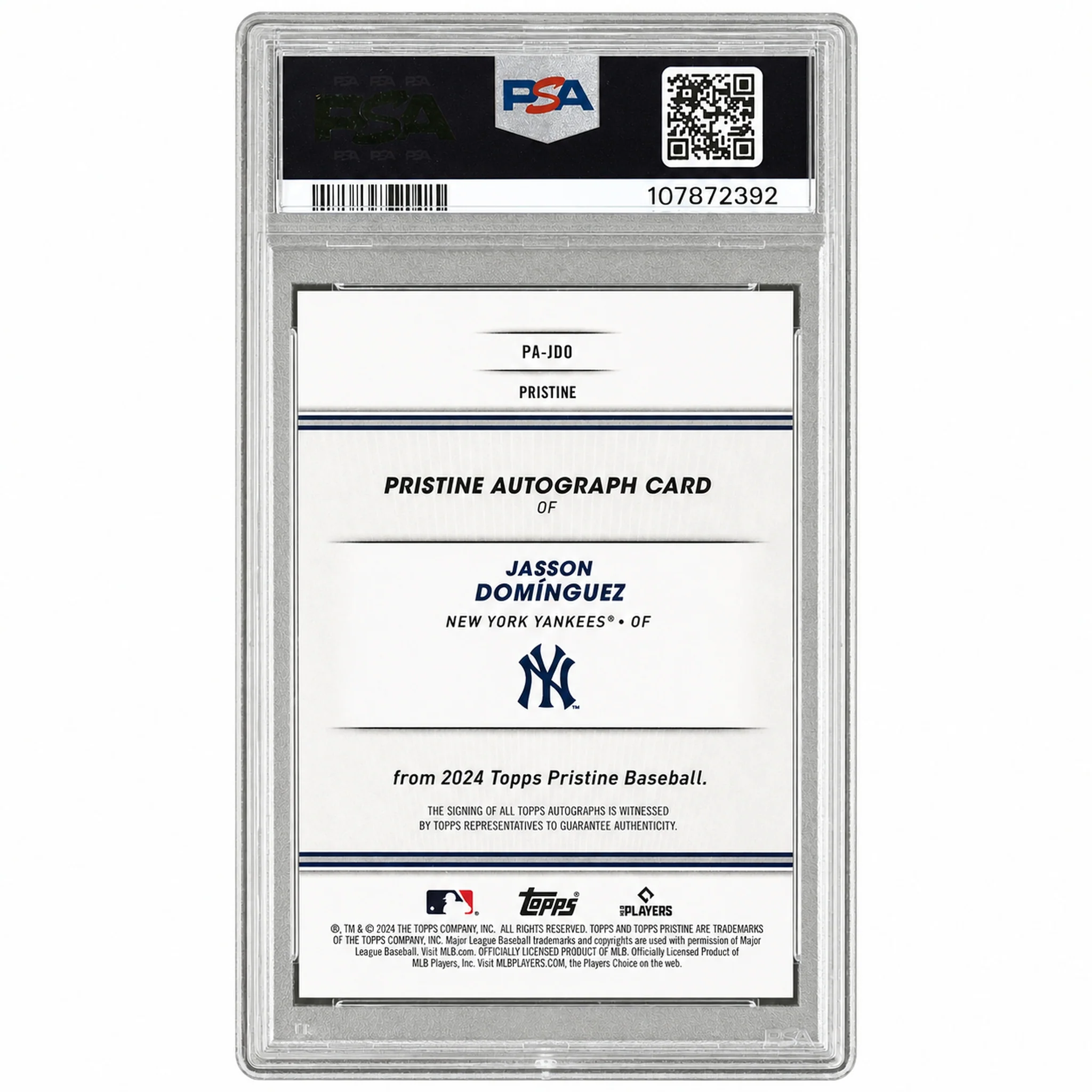 2024 Topps Pristine Pristine Autographs Autograph-Orange Pristine Jasson Dominguez #PAJDO /25 PSA 8 - Image 2