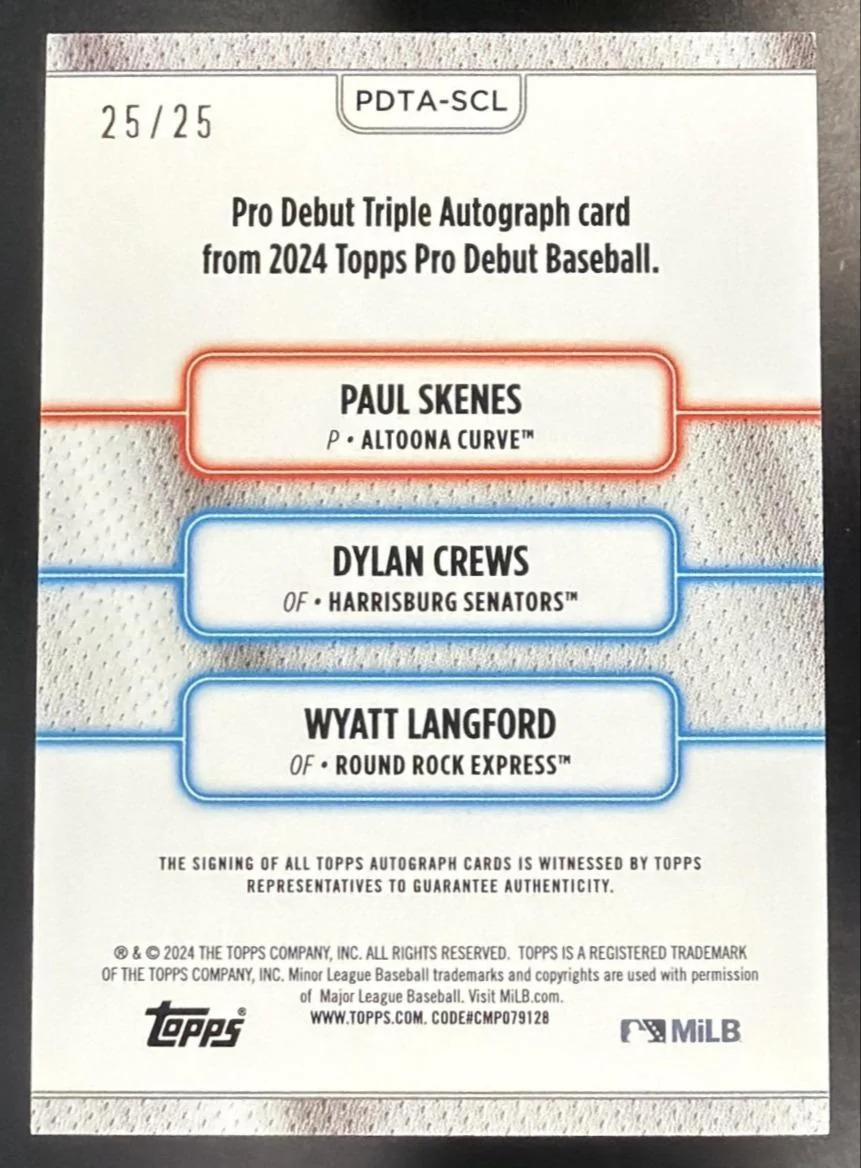 2024 Topps Pro Debut Dylan Crews Wyatt Langford Paul Skenes #PDTA-SCL Triple Auto /25 - Image 2