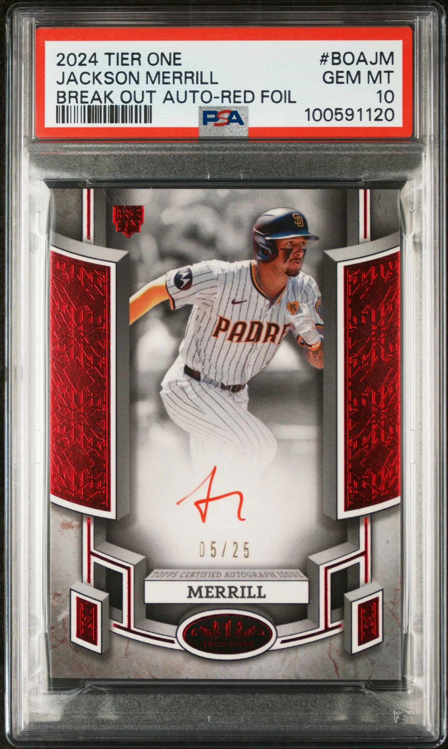2024 Topps Tier One Red Foil Jackson Merrill #BOAJM Auto /25 PSA 10