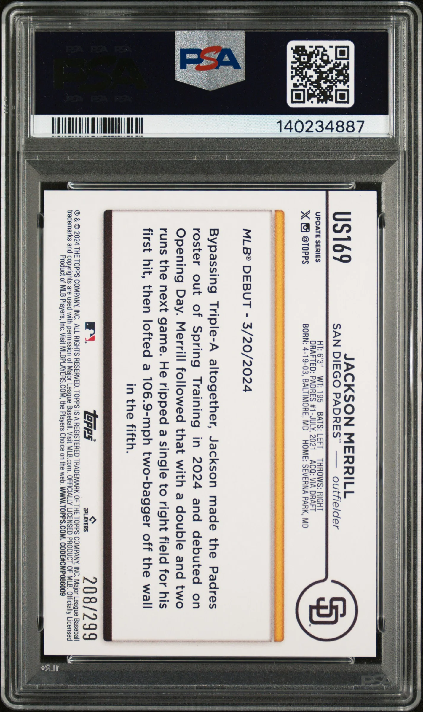2024 Topps Update Orange Crackle Foil Board Jackson Merrill #US169 /299 PSA 9 - Image 2
