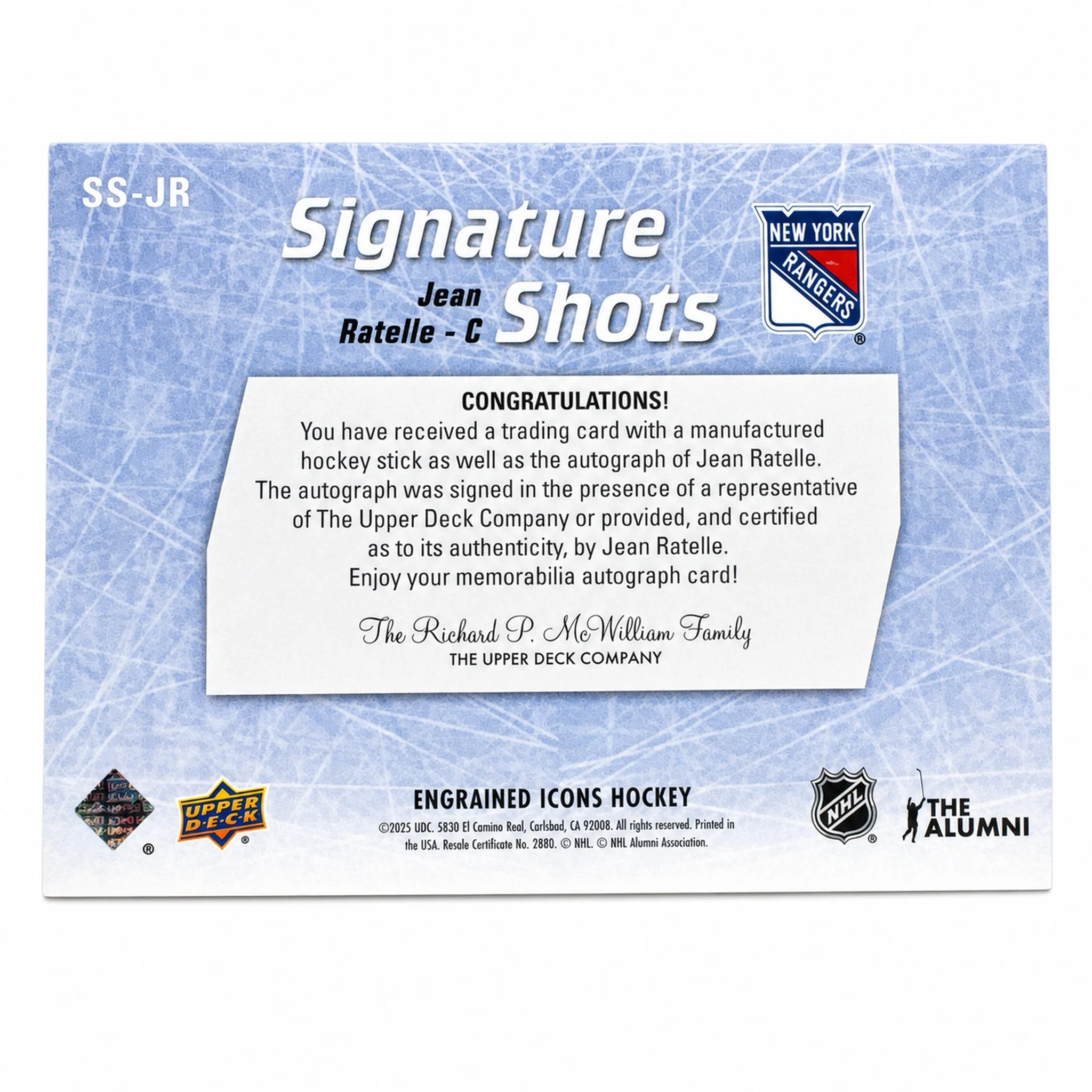 2024 Upper Deck Engrained Icons Jean Ratelle Signature Shots Stick Patch Auto - Image 2
