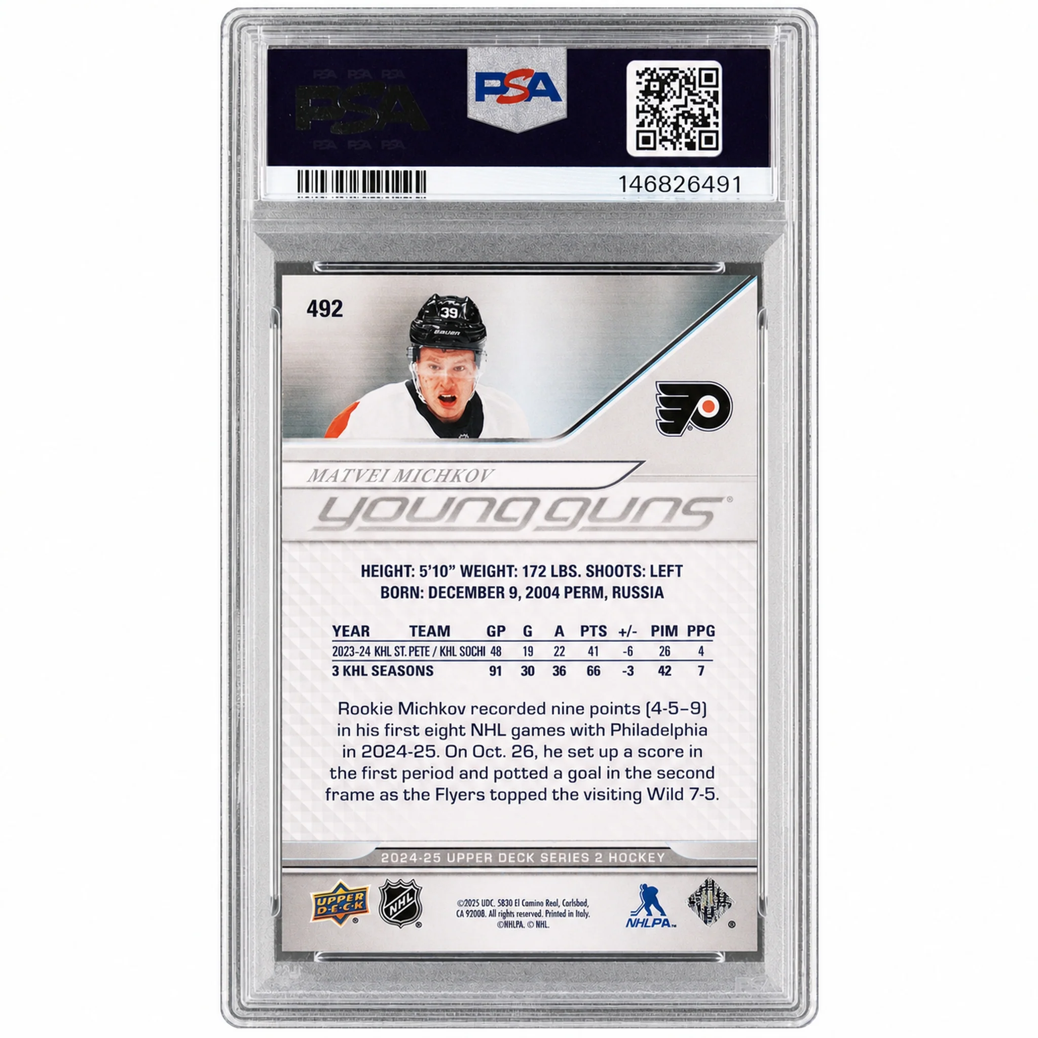 2024 Upper Deck Matvei Michkov #492 PSA 9 - Image 2