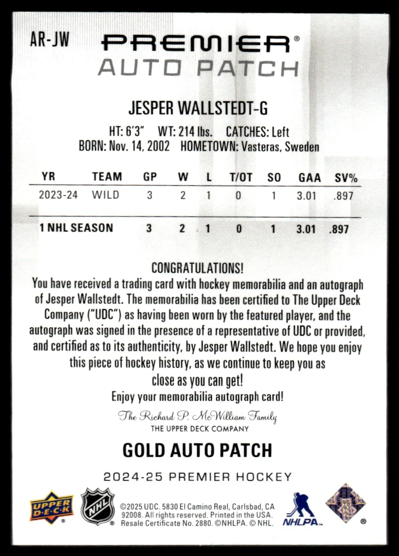 2024 Upper Deck Premier AR-JW Jesper Wallstedt Rookie Auto Patch Gold Rookie /35 Wild - Image 2