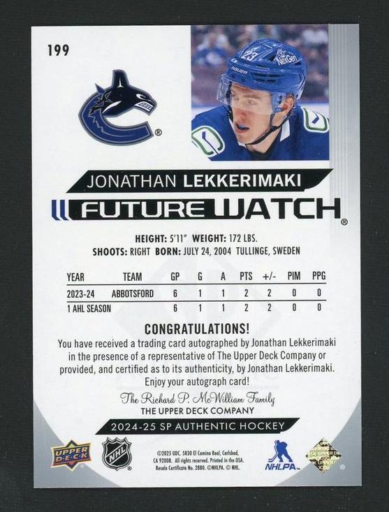 2024 Upper Deck SP Authentic 199 Jonathan Lekkerimaki Future Watch /999 Canucks Auto - Image 2