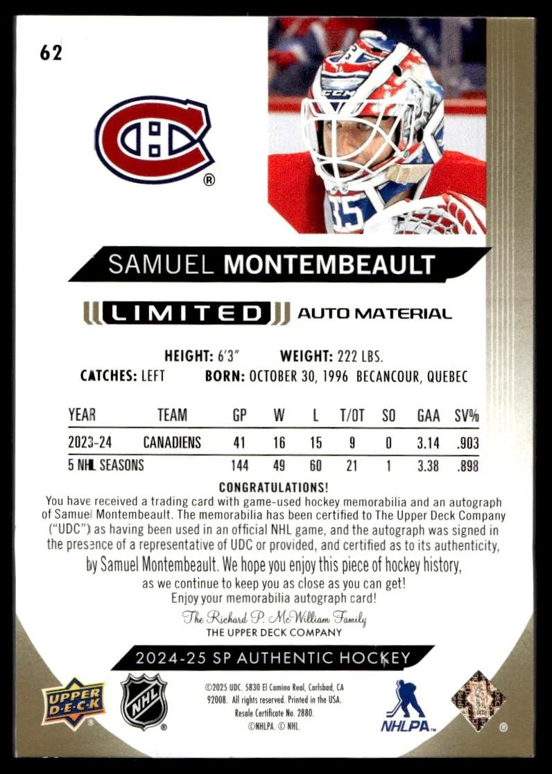 2024 Upper Deck SP Authentic 62 Samuel Montembeault Limited Auto Material /100 Canadiens - Image 2