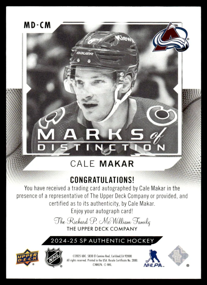 2024 Upper Deck SP Authentic MD-CM Cale Makar Marks of Distinction /25 Colorado Auto - Image 2