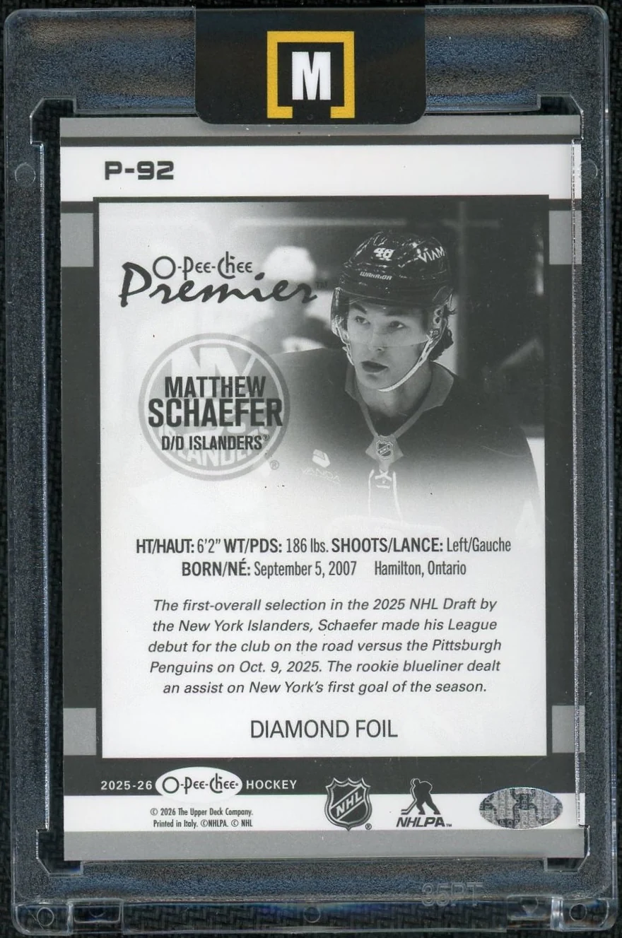2025-26 O-Pee-Chee Premier P-92 Matthew Schaefer Diamond Foil /75 - Image 2