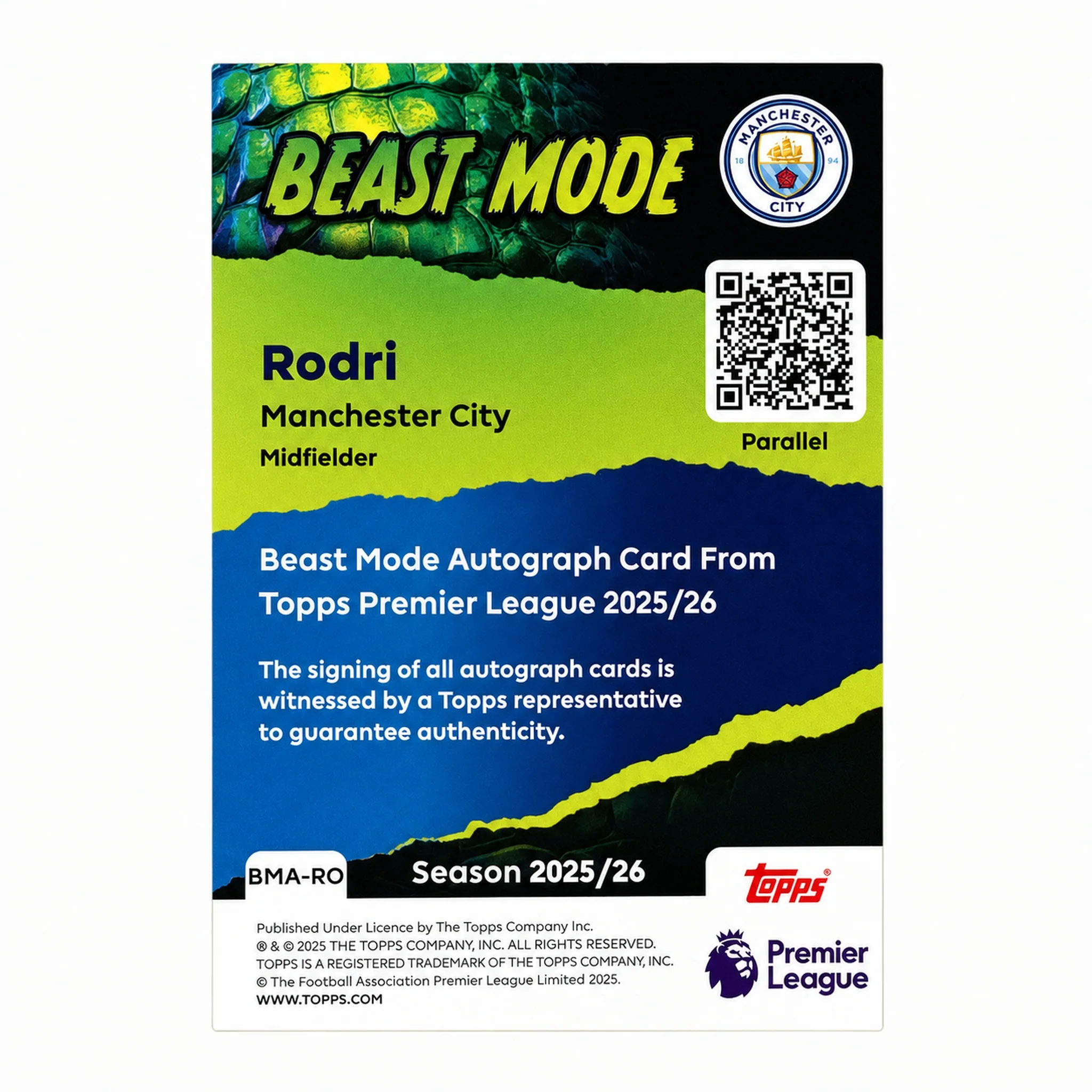 2025-26 Topps EPL Rodri Beast Mode Auto 1/1 SuperFractor - Image 2