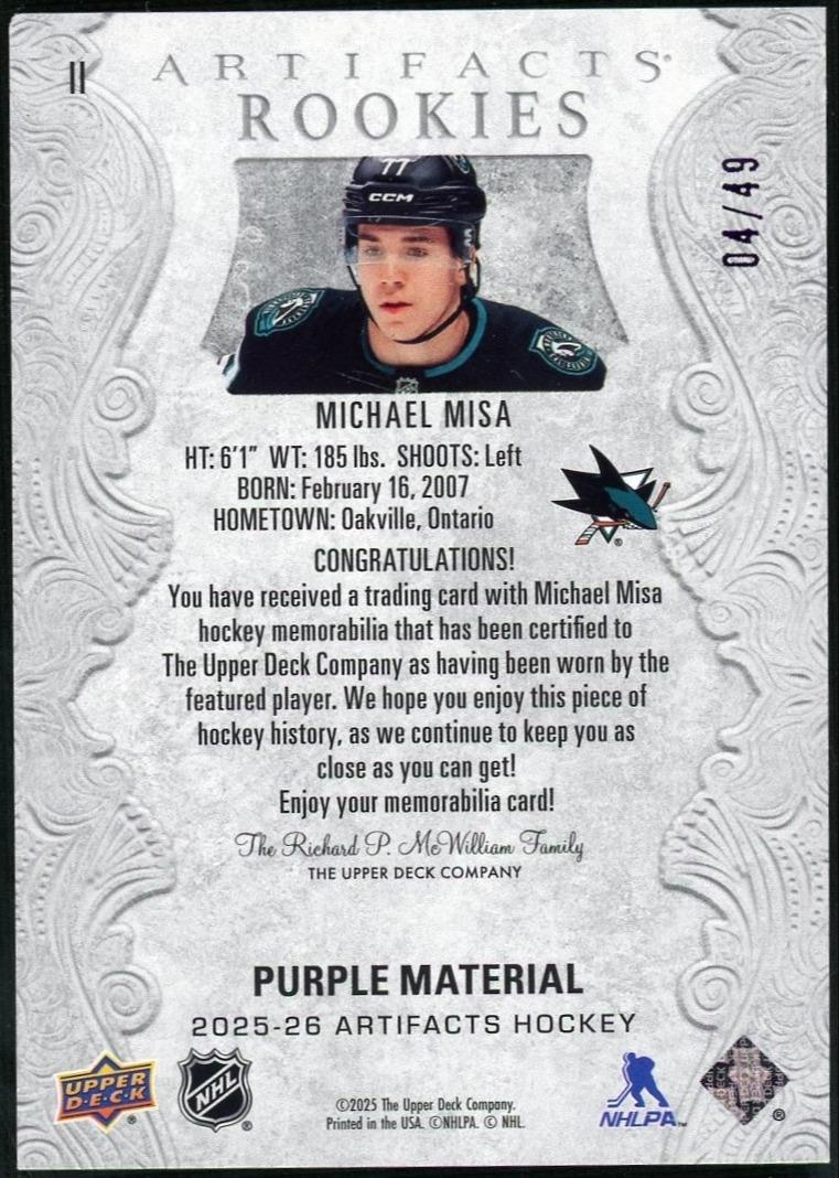 2025-26 Upper Deck Artifacts Rookies Material Purple Patch Michael Misa /49 - Image 2