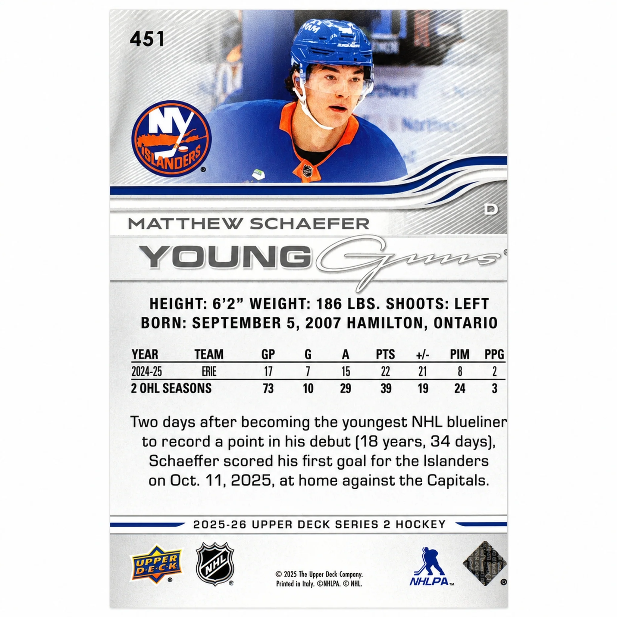 2025-26 Upper Deck Series 2 Matthew Schaefer #451 Young Guns Rookie RC - Image 2