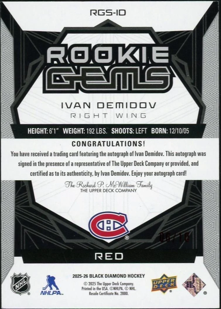 2025 Black Diamond RGS-ID Ivan Demidov Rookie Gems Auto Red /10 - Image 2