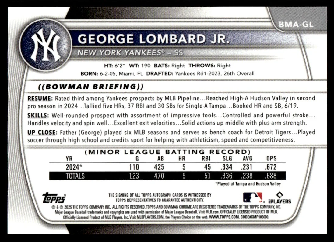 2025 Bowman Chrome BMA-GL George Lombard Jr. Prospects Rookie New York Yankees Auto - Image 2