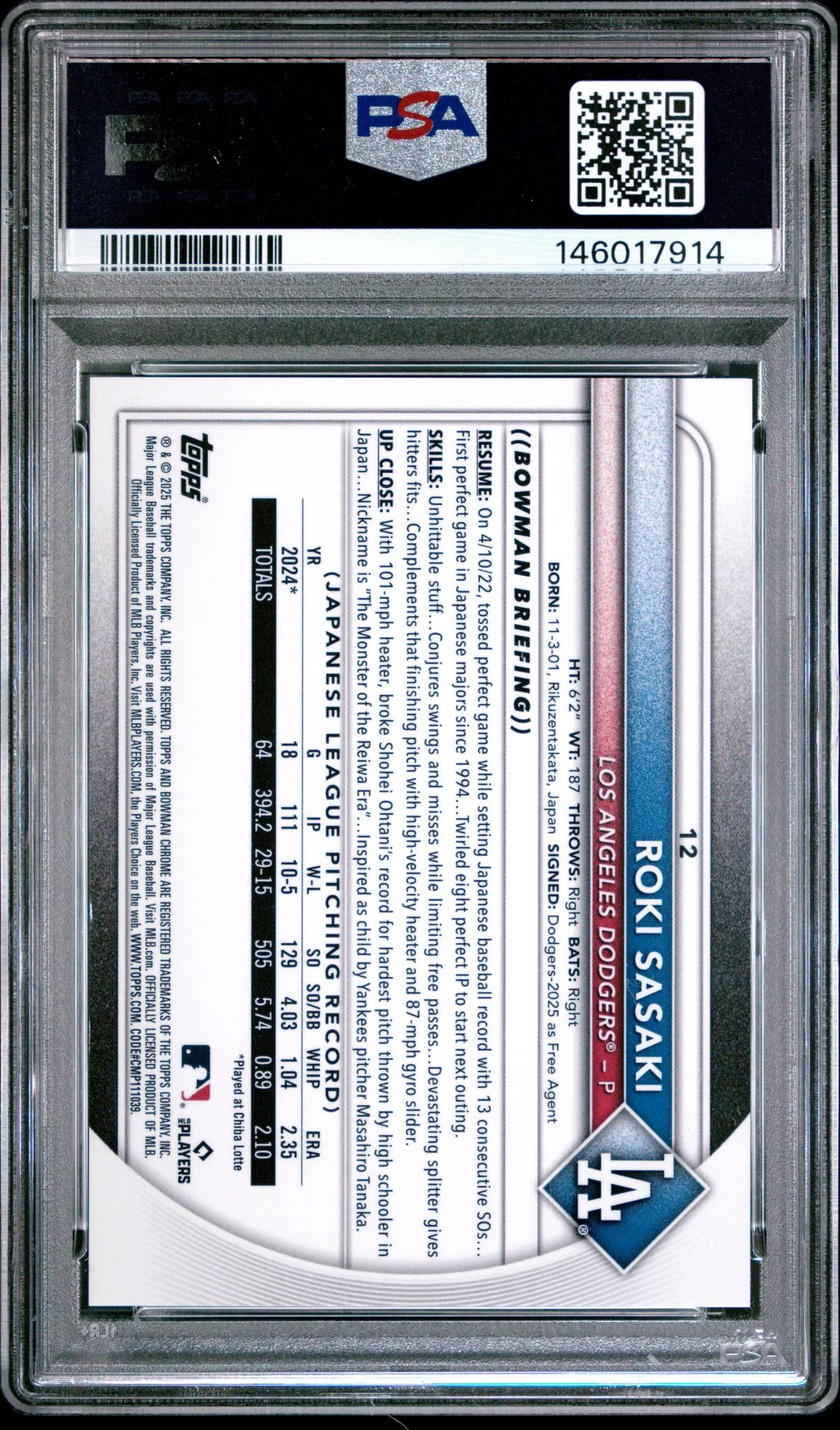 2025 Bowman Chrome Mega Box Prospects Red Refractor Roki Sasaki #12 /5 PSA 8 - Image 2