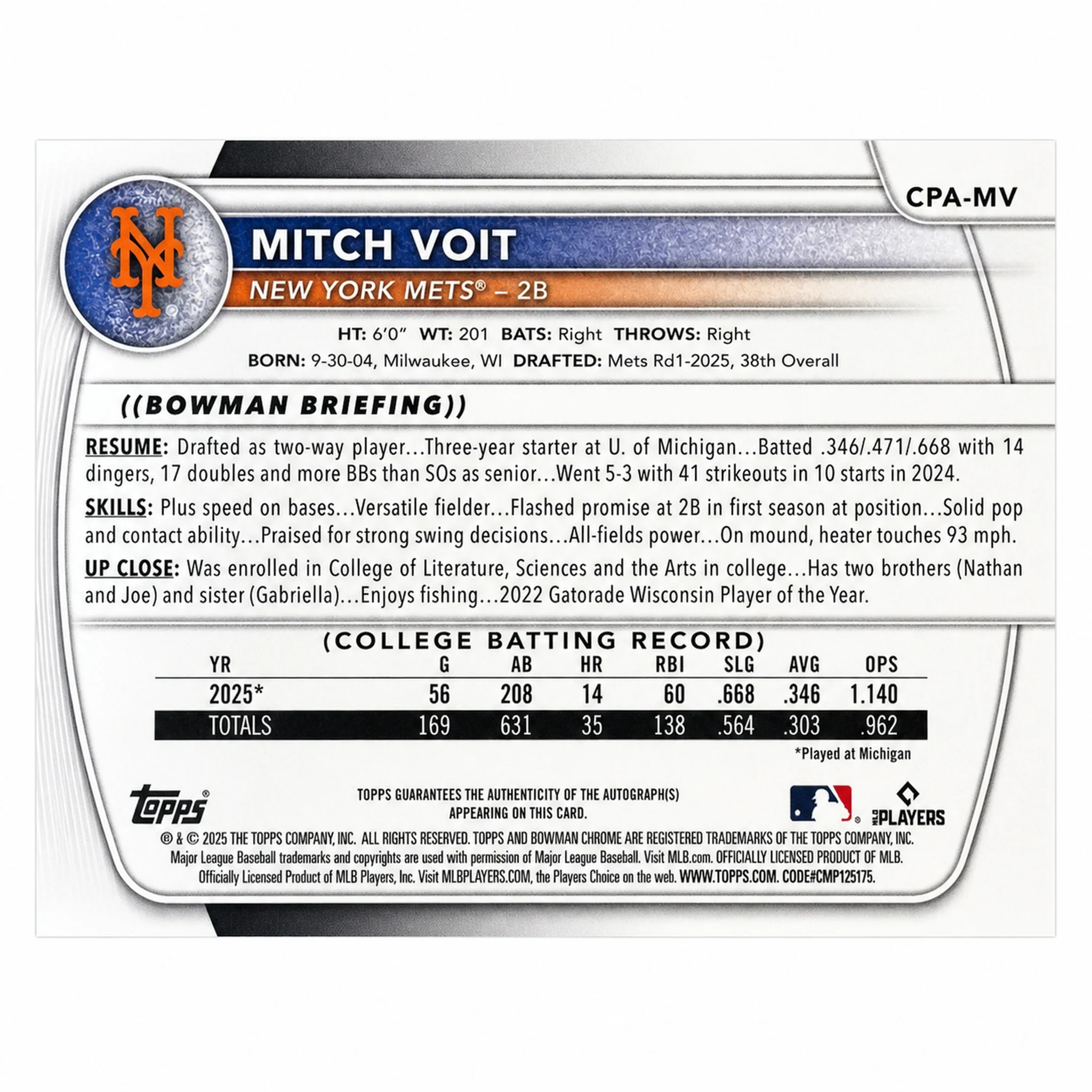 2025 Bowman Chrome Mitch Voit 1st True Purple Refractor Auto Rookie RC /250 - Image 2