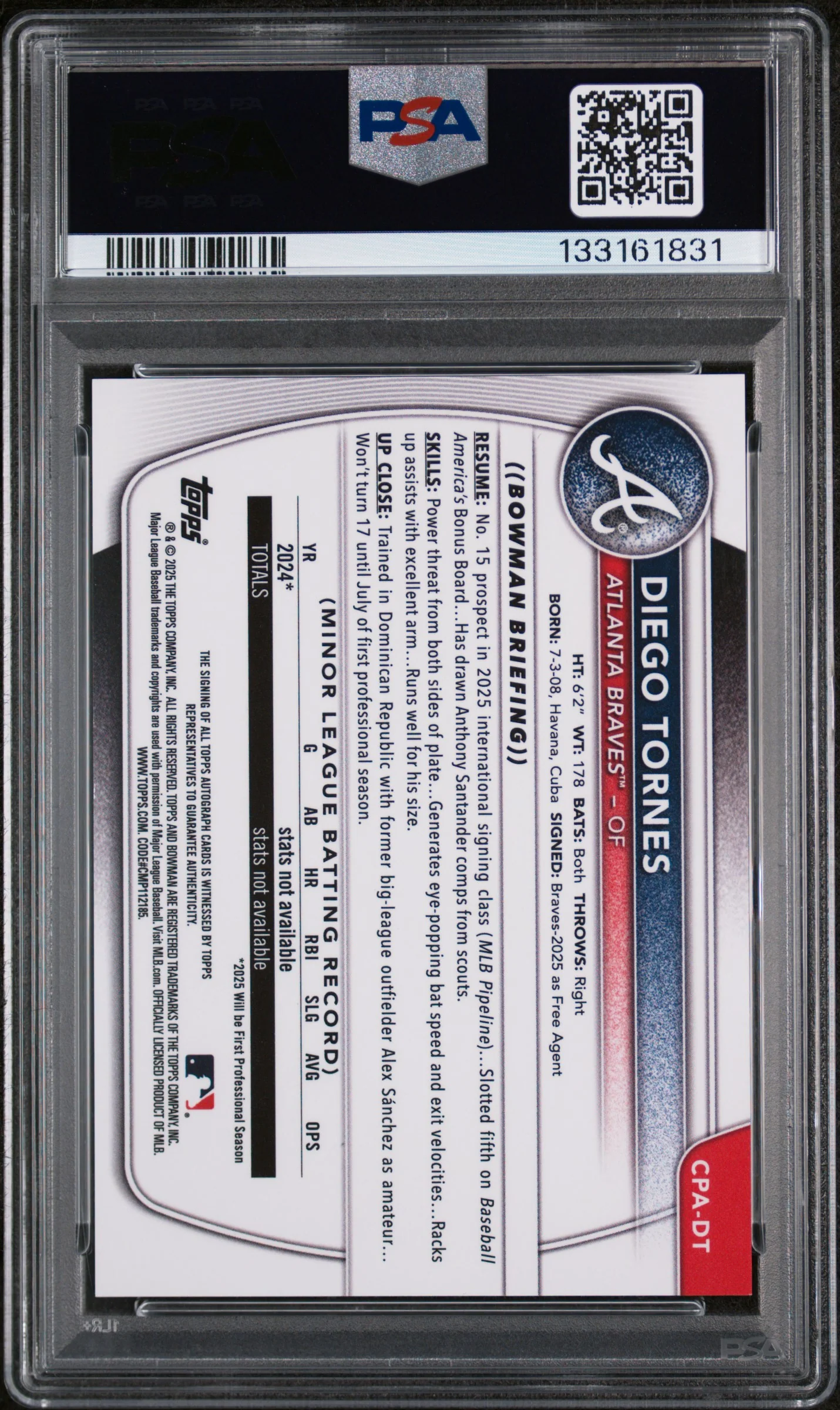 2025 Bowman Chrome Prospect Autograph Diego Tornes #CPADT PSA 10 - Image 2