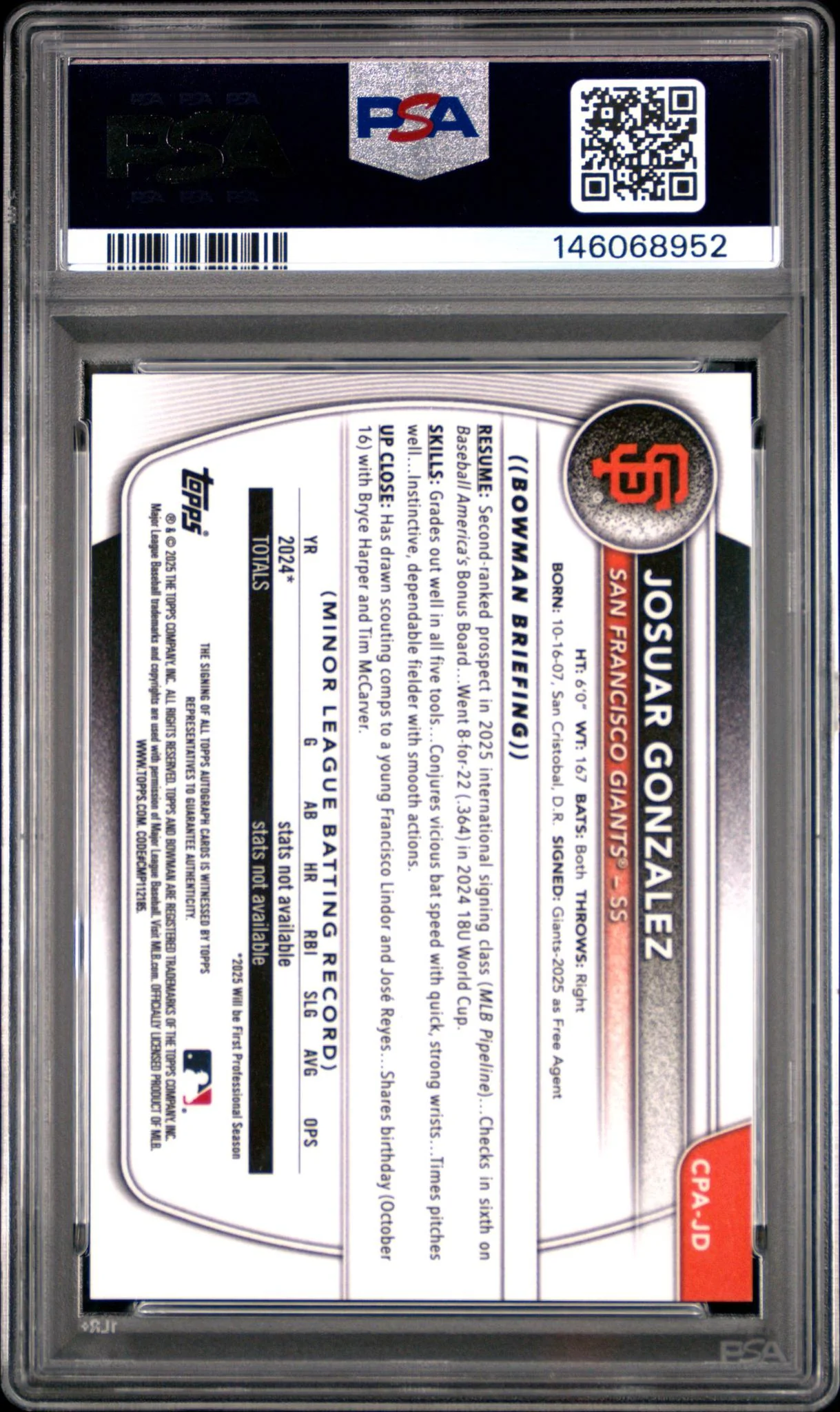 2025 Bowman Chrome Prospect Autograph Gold Shimmer Refractor Josuar Gonzalez #CPAJD /50 PSA 9 - Image 2