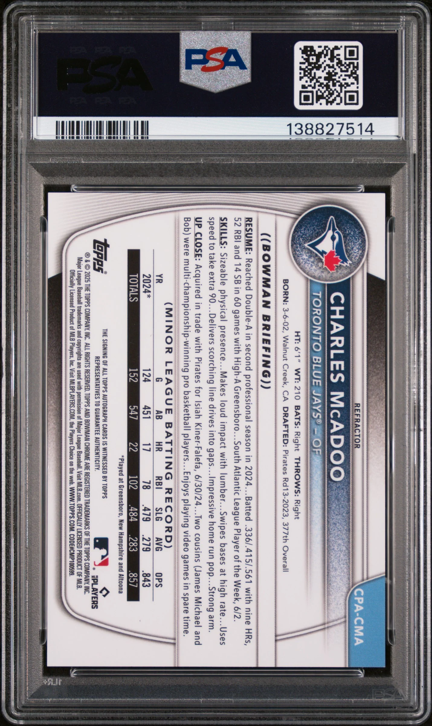 2025 Bowman Chrome Prospect Autograph Refractor Charles Mcadoo #CPACMA /499 PSA 8 - Image 2