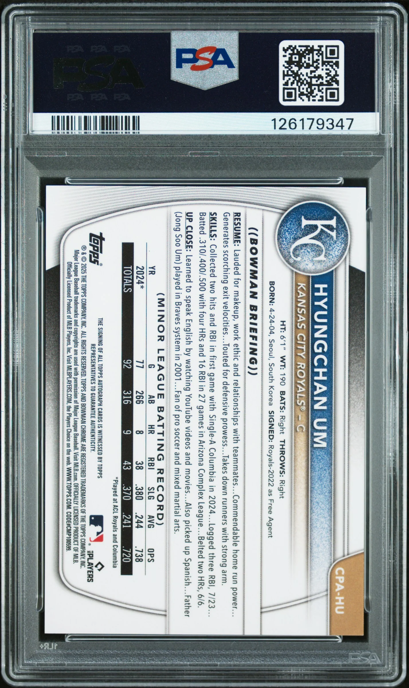 2025 Bowman Chrome Prospect Autographs Chrome Pros Au-Gold Ref Hyungchan Um #CPAHU /50 PSA 9 - Image 2