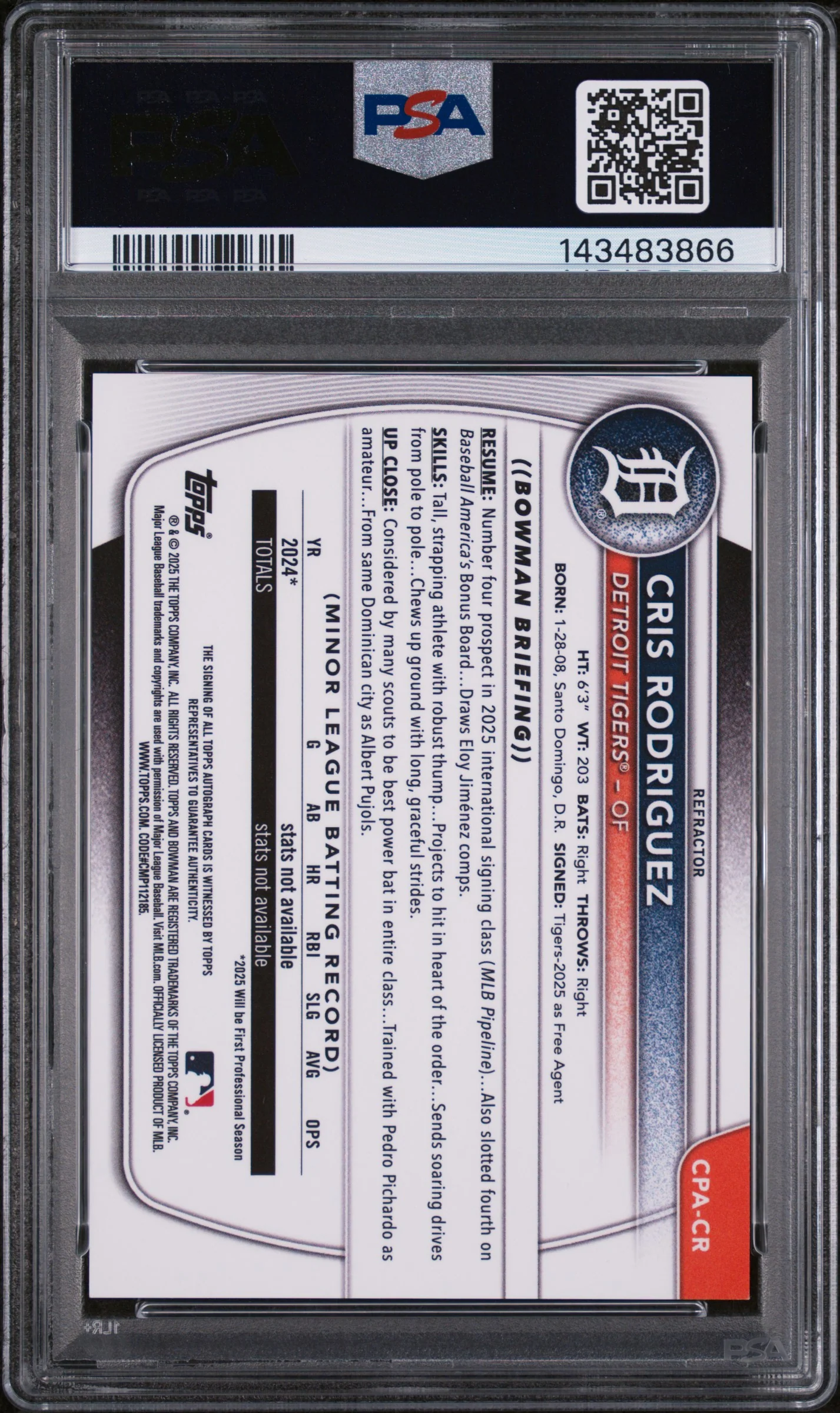 2025 Bowman Chrome Prospect Autographs Refractor Cris Rodriguez #CPA-CR /499 PSA 9 - Image 2