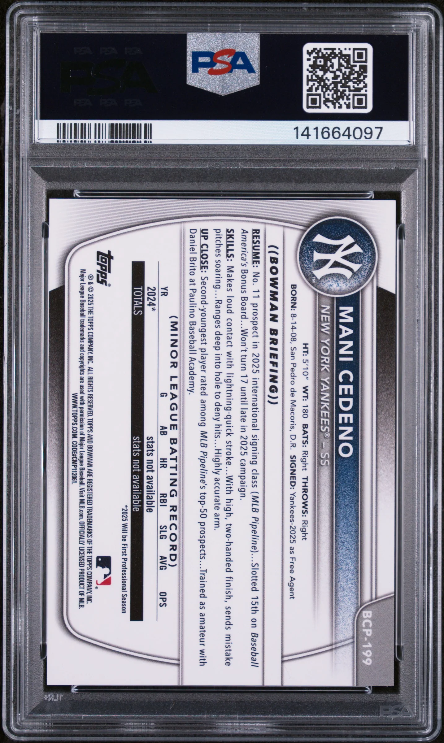 2025 Bowman Chrome Prospect Gold Refractor Mani Cedeno #BCP199 /50 PSA 9 - Image 2