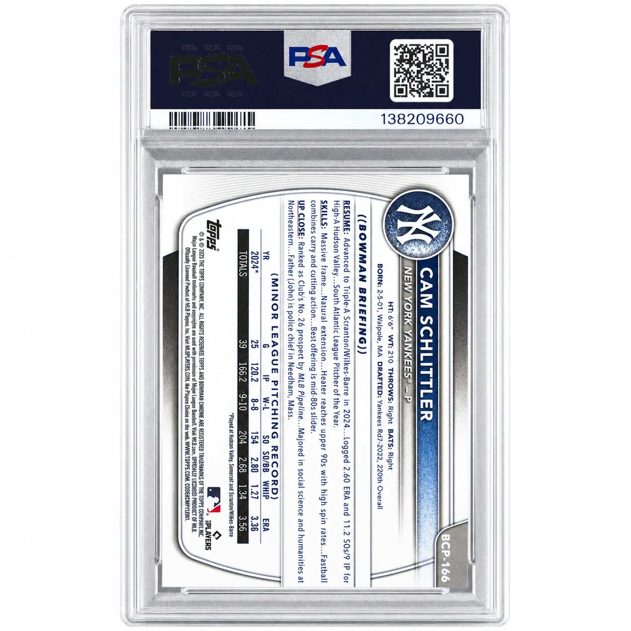 2025 Bowman Chrome Prospects Cam Schlittler #BCP-166 PSA 10 - Image 2