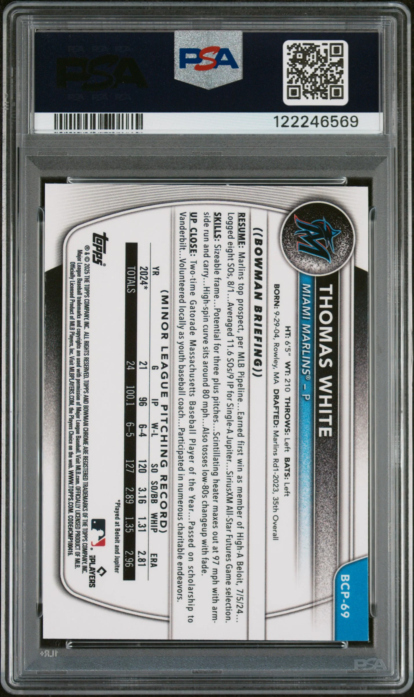 2025 Bowman Chrome Prospects Thomas White #BCP-69 PSA 10 - Image 2