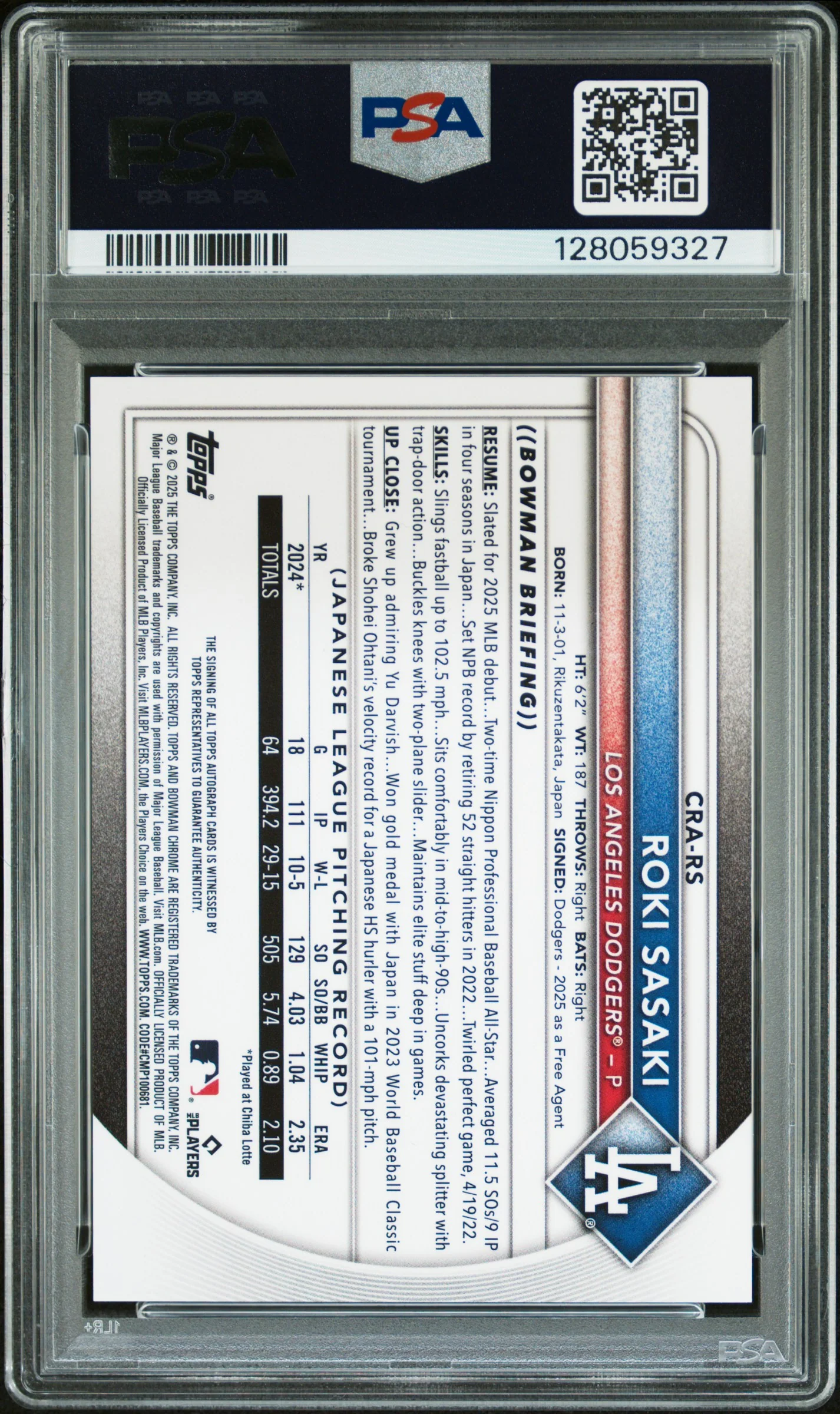 2025 Bowman Chrome Rookie Autographs Green Refractor Roki Sasaki #CRARS /99 PSA 10 - Image 2