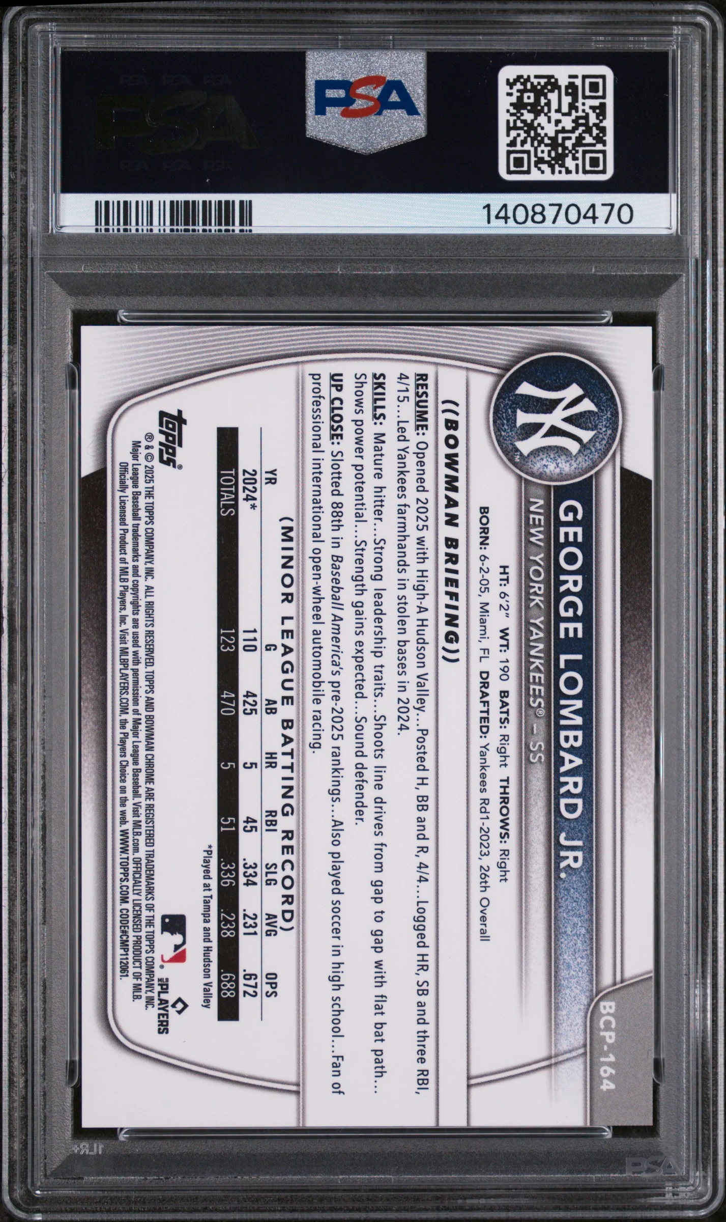2025 Bowman Chrome Sapphire Edition Prospects Gold George Lombard Jr. #164 /50 PSA 10 - Image 2