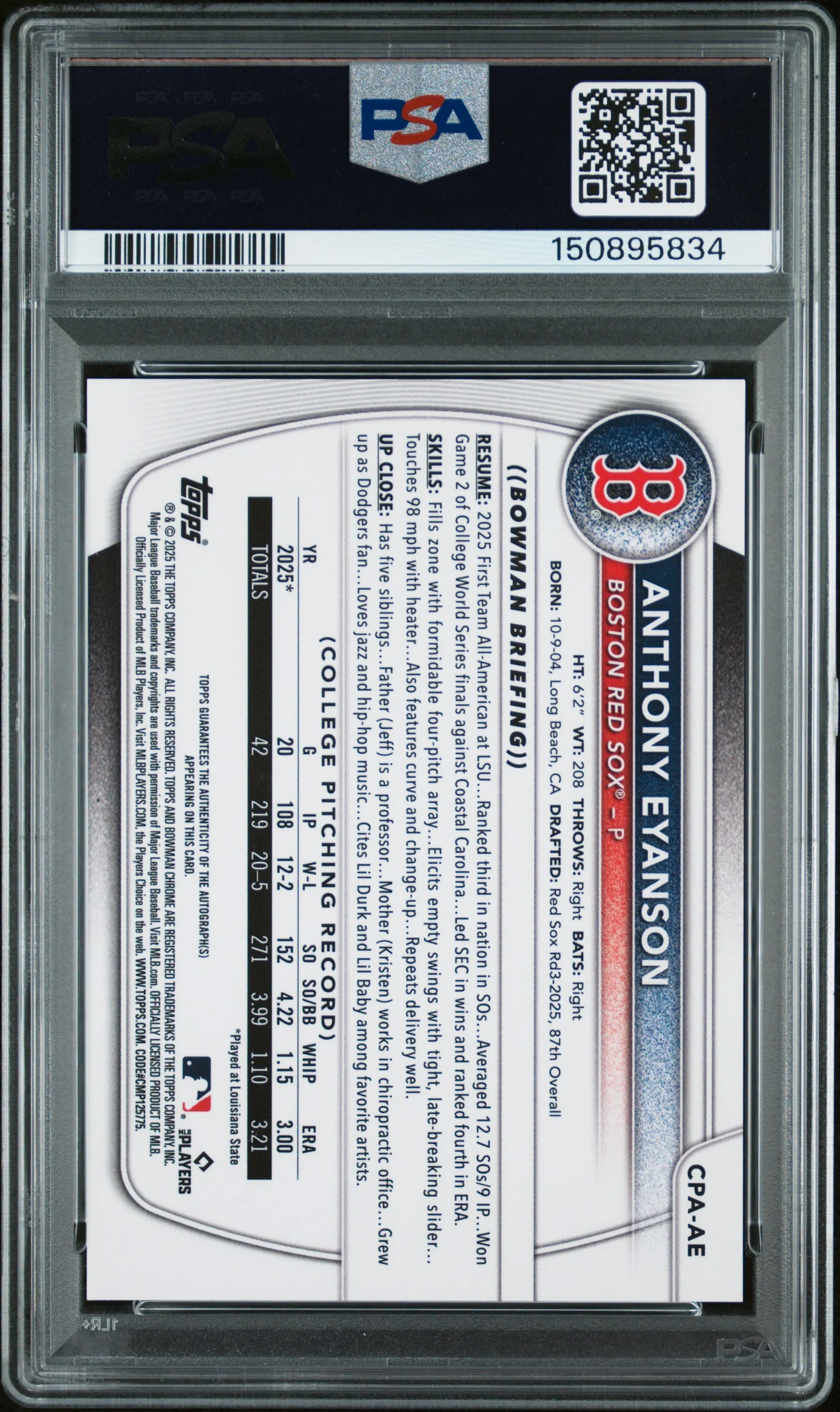 2025 Bowman Draft Chrome Prospect Autographs Hta Choice Anthony Eyanson #CPA-AE /150 PSA 10 - Image 2