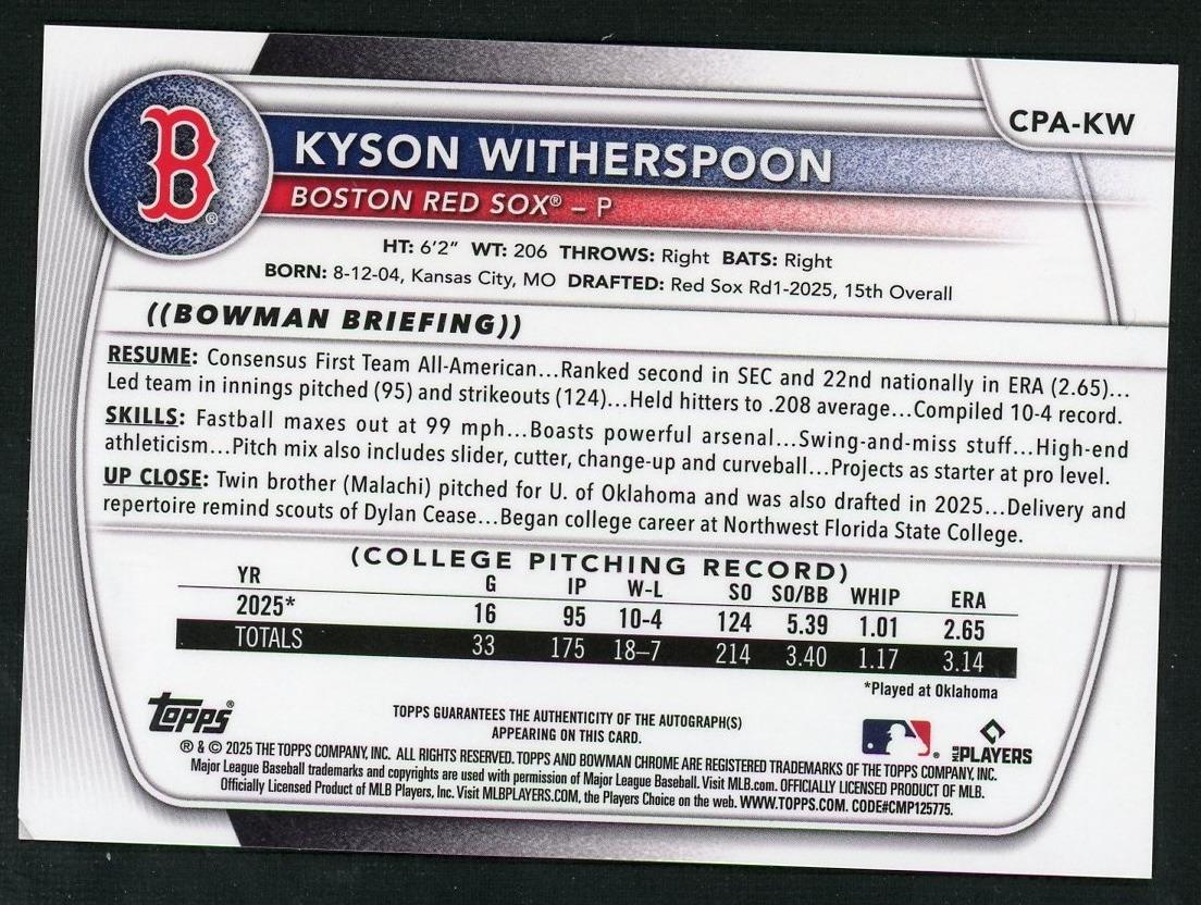 2025 Bowman Draft Kyson Witherspoon Black Refractor 1st Auto /10 - Image 2