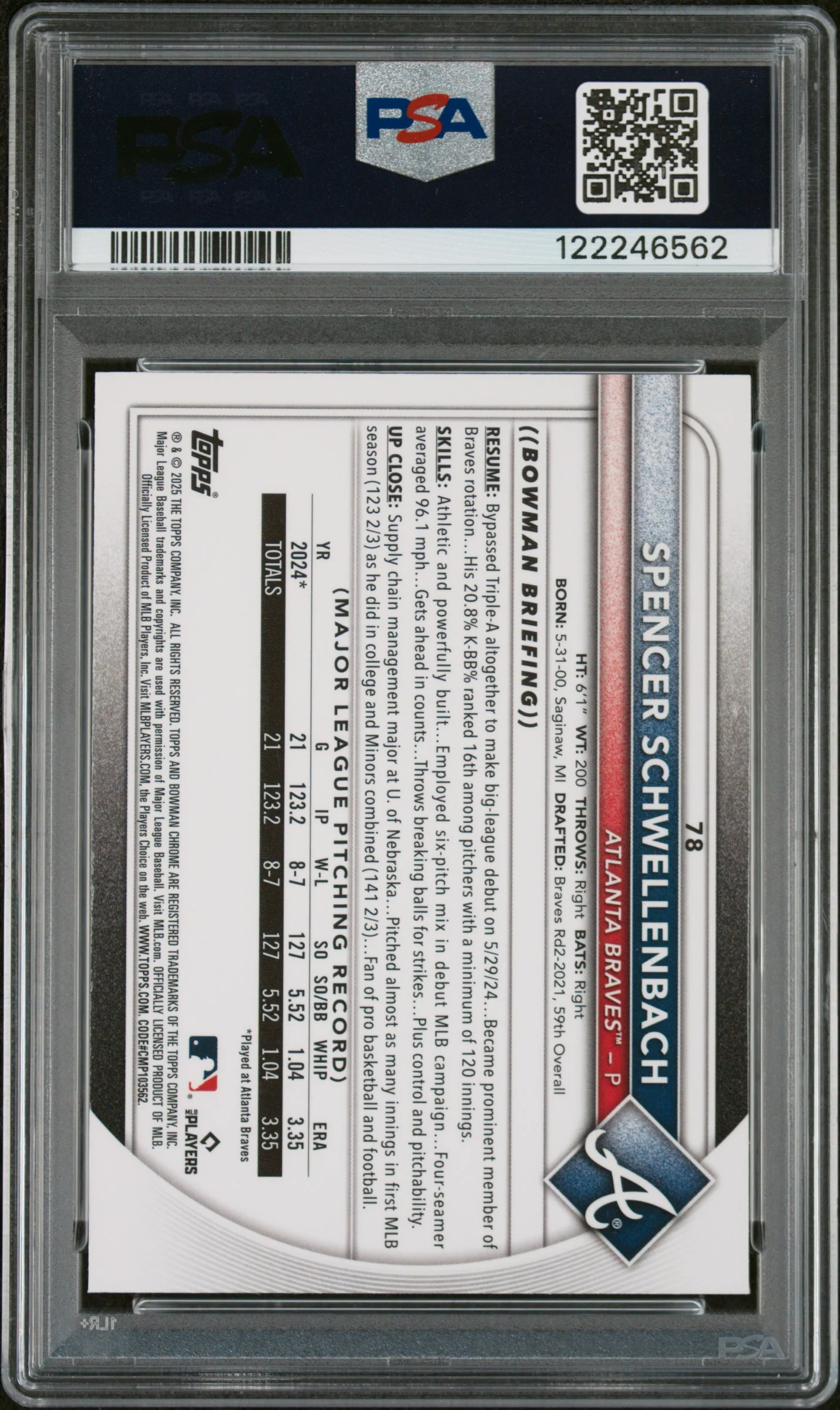 2025 Bowman Mega Box Chrome Fuchsia Refractor Spencer Schwellenbach #78 /299 PSA 10 - Image 2