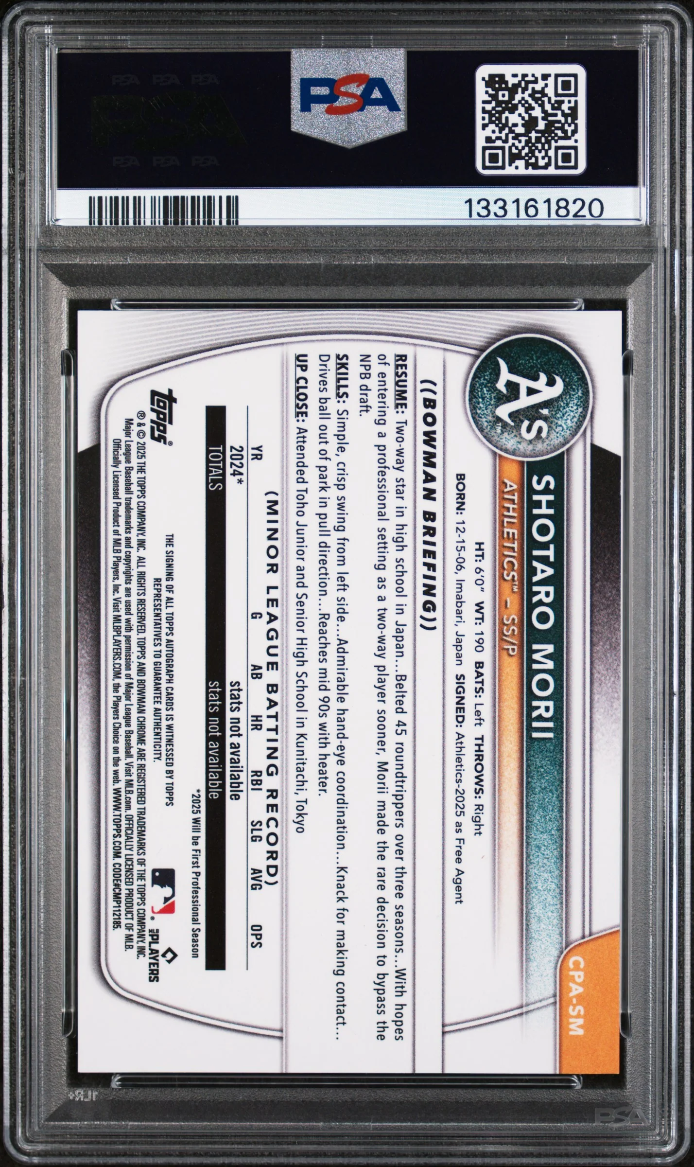 2025 Chrome Prospect Autographs Mini-Diamond Refractors Shotaro Morii #CPASM /100 PSA 9 - Image 2
