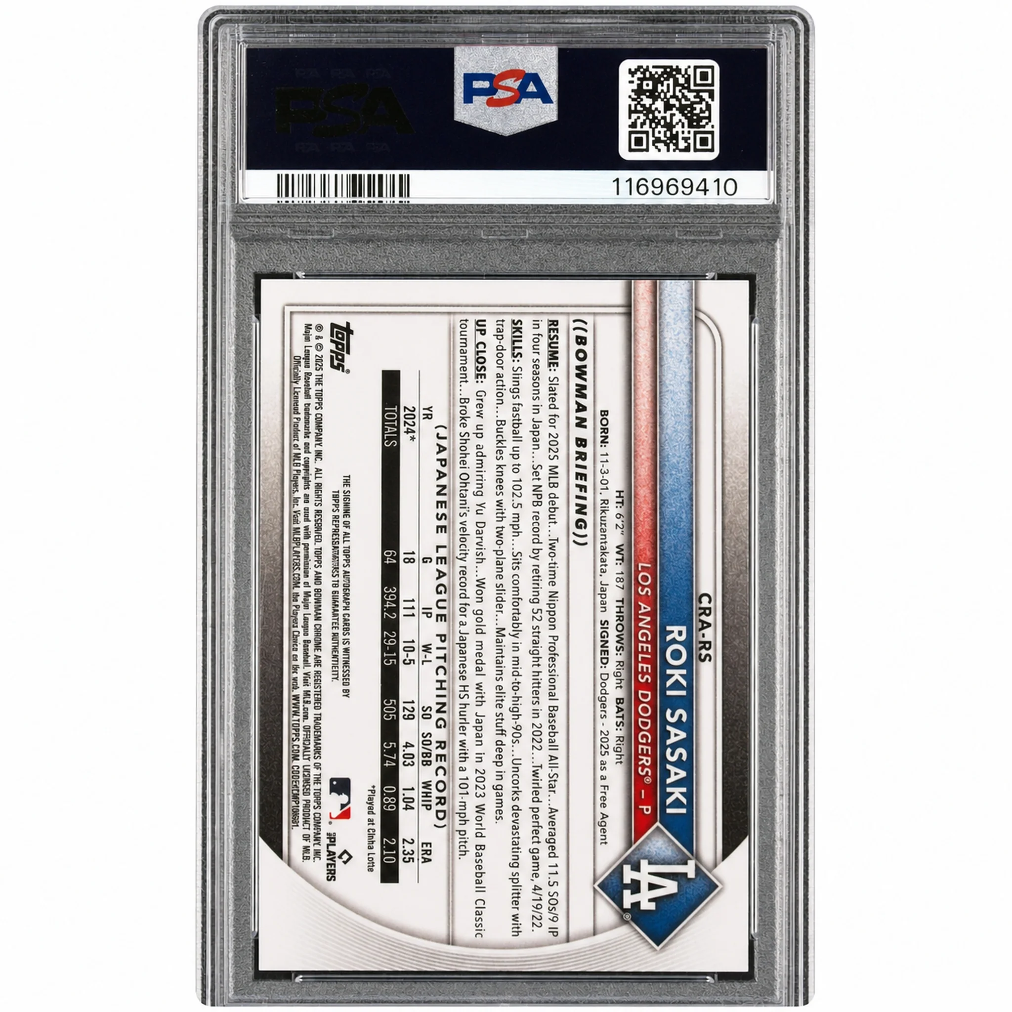 2025 Chrome Rookie Autographs Yellow Refractors Roki Sasaki #CRARS /75 PSA 9 - Image 2