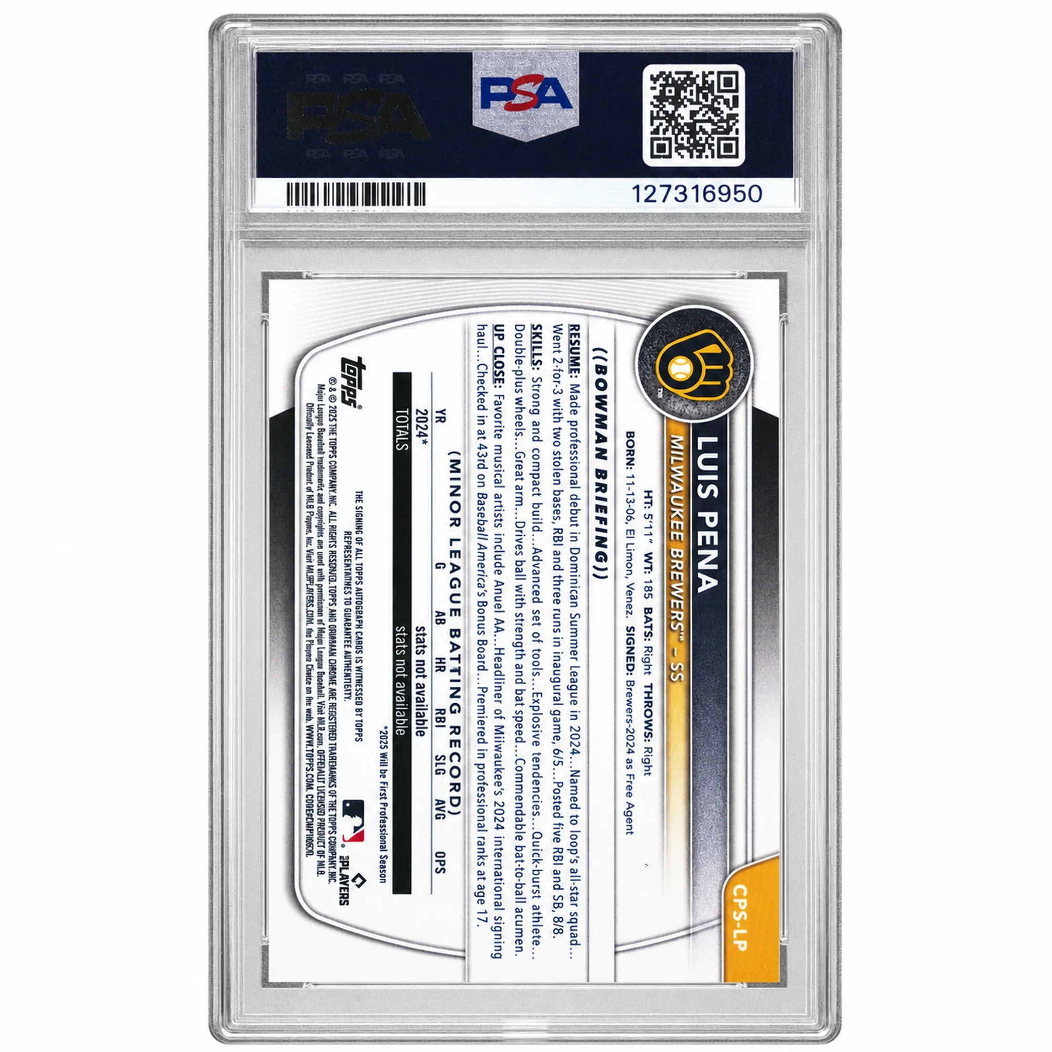 2025 Chrome Sapphire Prospect Autographs Luis Pena #CPSLP /199 PSA 10 - Image 2
