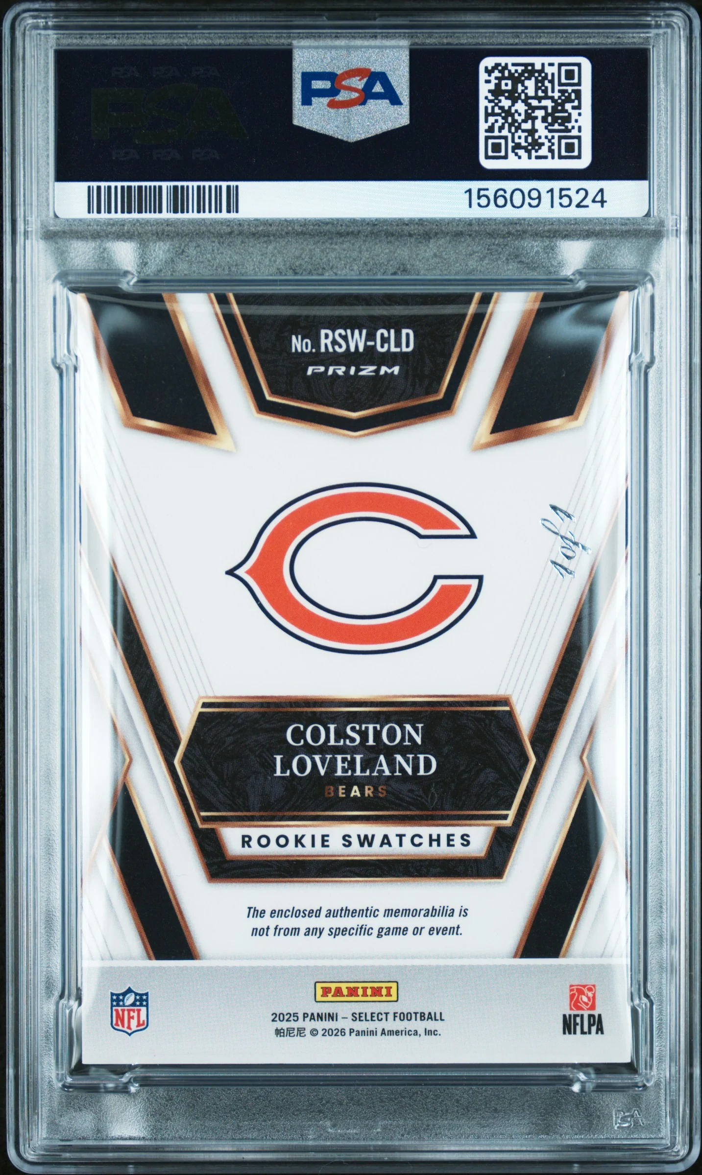 2025 Panini Select Rookie Swatches Rk Swatches-Black Prizm 1/1 Colston Loveland #RSW-CLD PSA 9 - Image 2