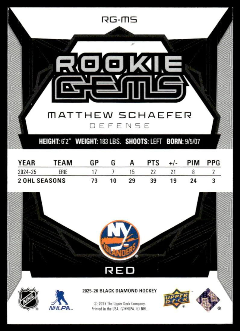 2025 The Upper Deck Company Black Diamond RG-MS Matthew Schaefer Rookie Gems Red Rookie VG NY Islanders