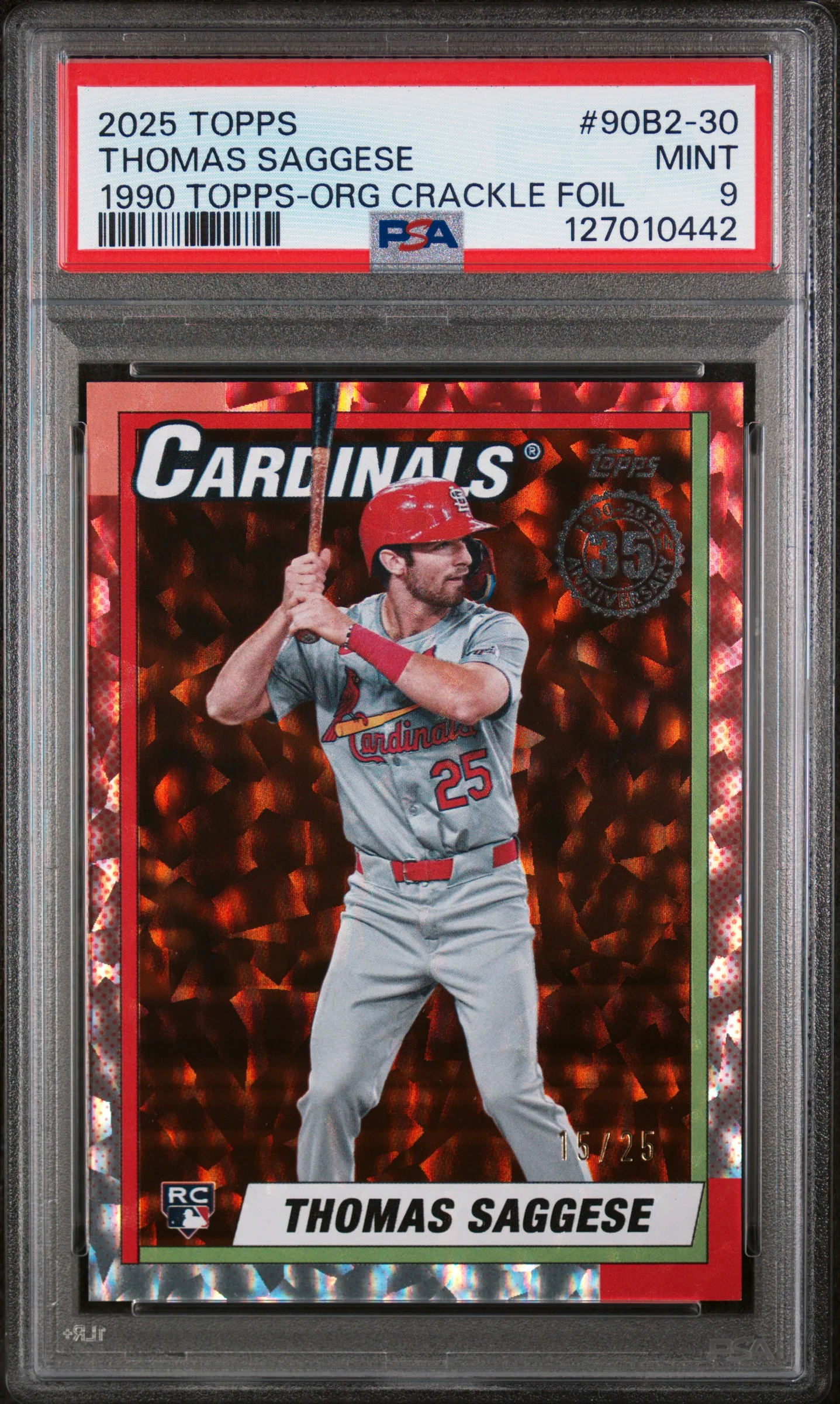2025 Topps 1990 Topps Baseball Series 2-Orange Crackle Foil Thomas Saggese #90B2-30 /25 PSA 9