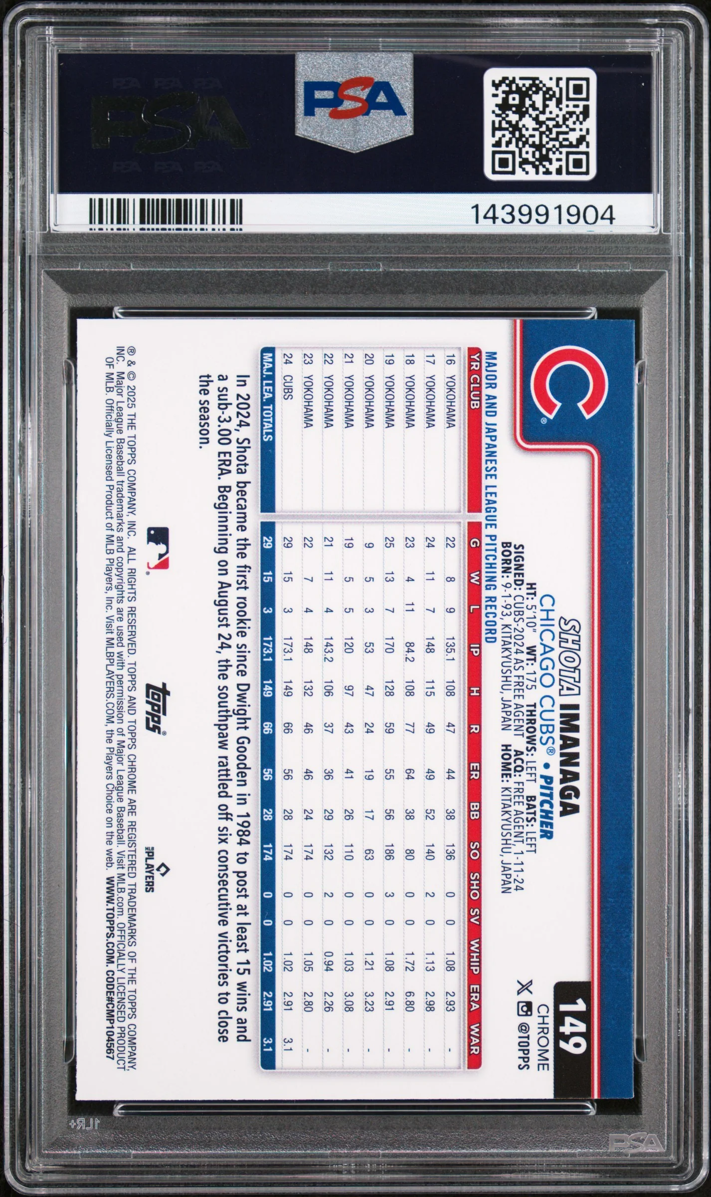 2025 Topps Chrome Lightboard Logo Refractor Shota Imanaga #149 PSA 9 - Image 2
