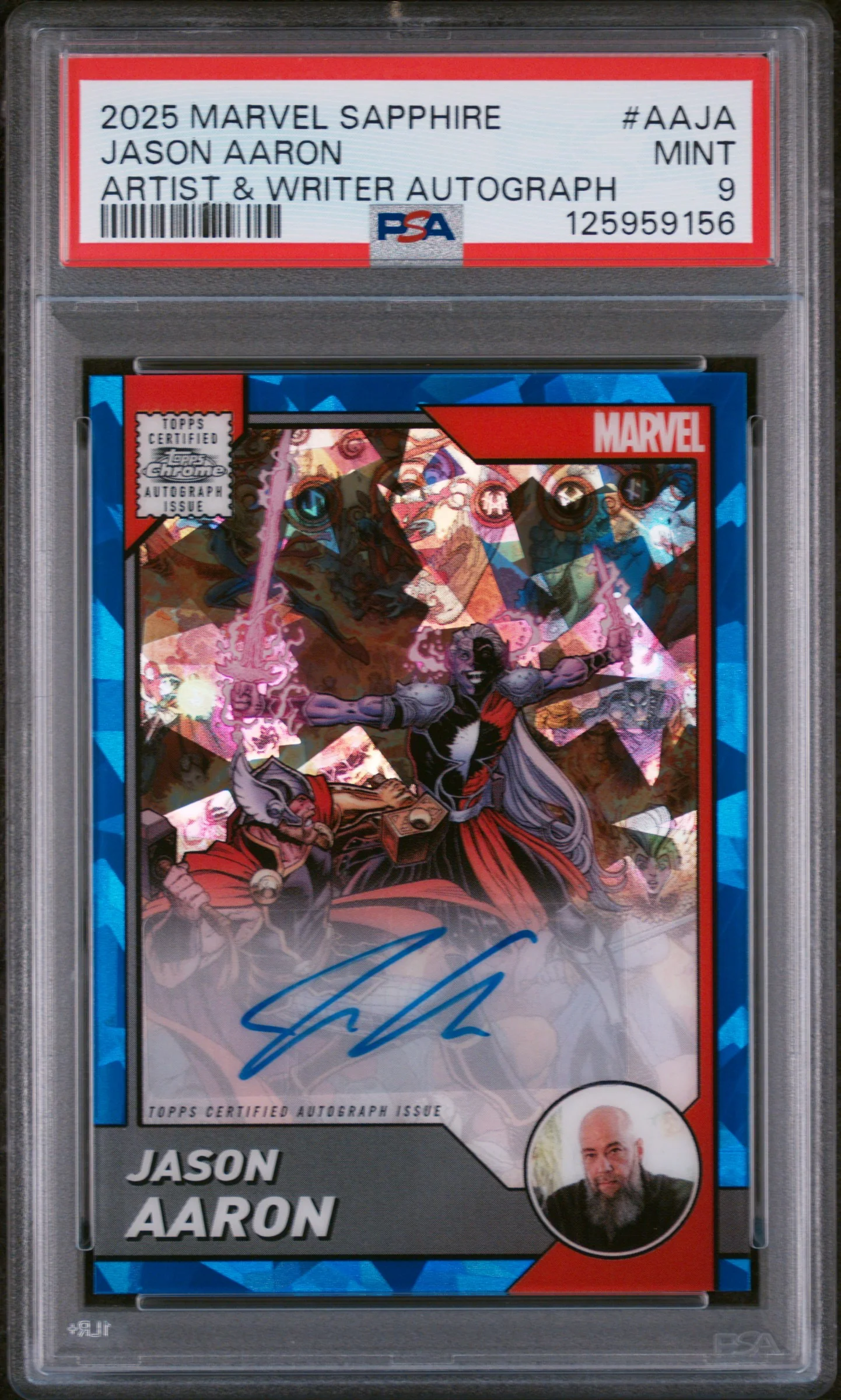 2025 Topps Chrome Marvel Sapphire Edition Marvel Comic Book Artist & Writer Autographs Jason Aaron #AAJA PSA 9